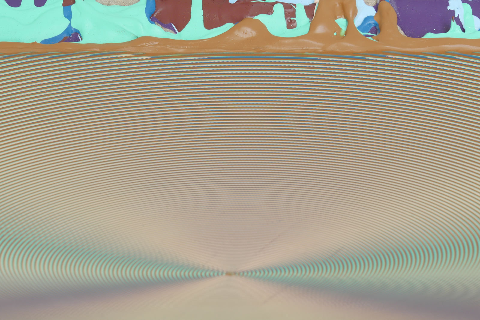 Detail of painting from side angle displaying edges with ochre, teal, maroon, and purple paint.