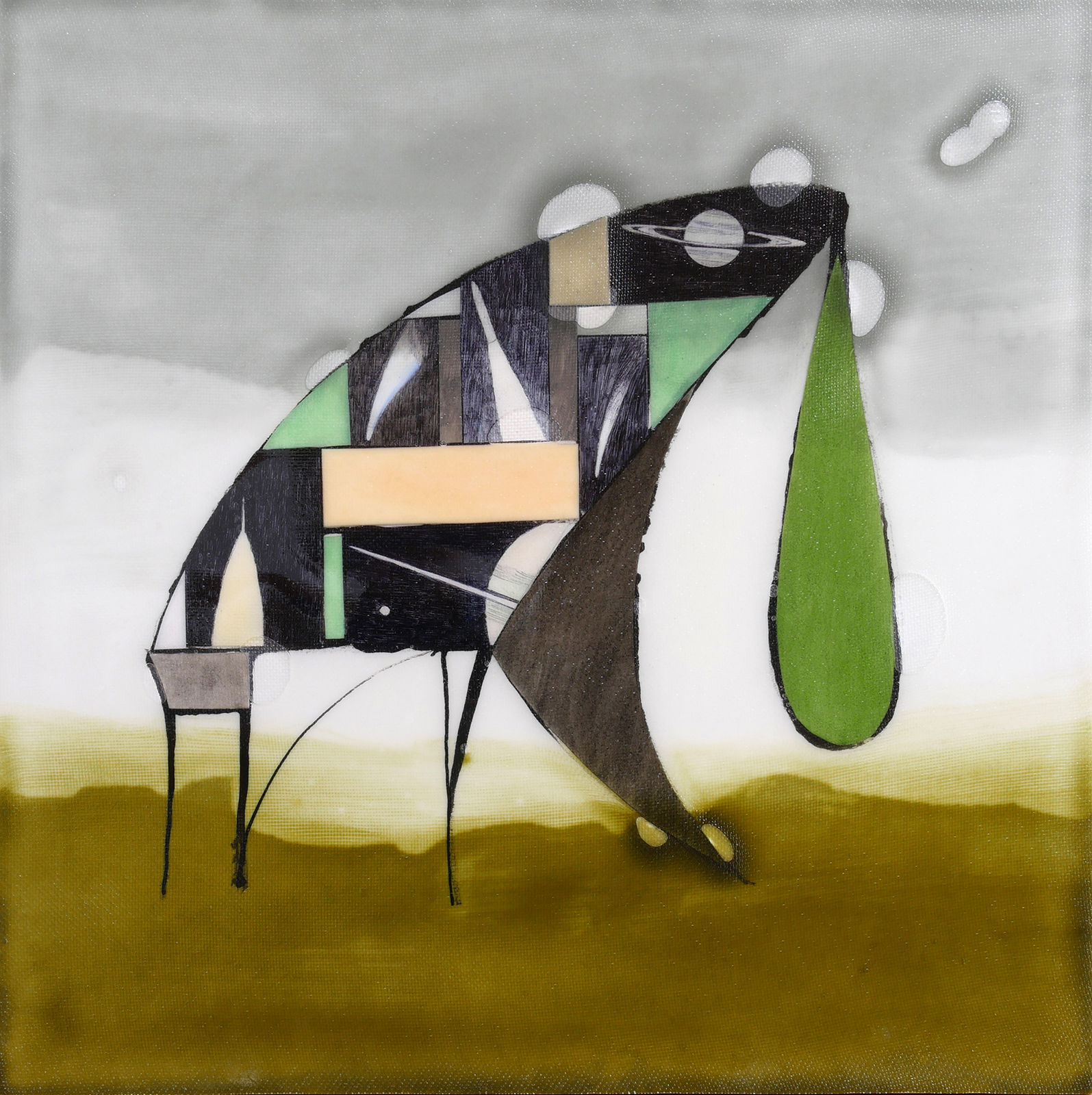 Earth toned mixed media piece depicting a geometric figure made out of interspersed cut out astronomical black ballpoint pen drawings and solid paint shapes. Three horizontal lines of brown white and gray create a loose landscape in the background. The entire piece is covered in a textured bio-resin