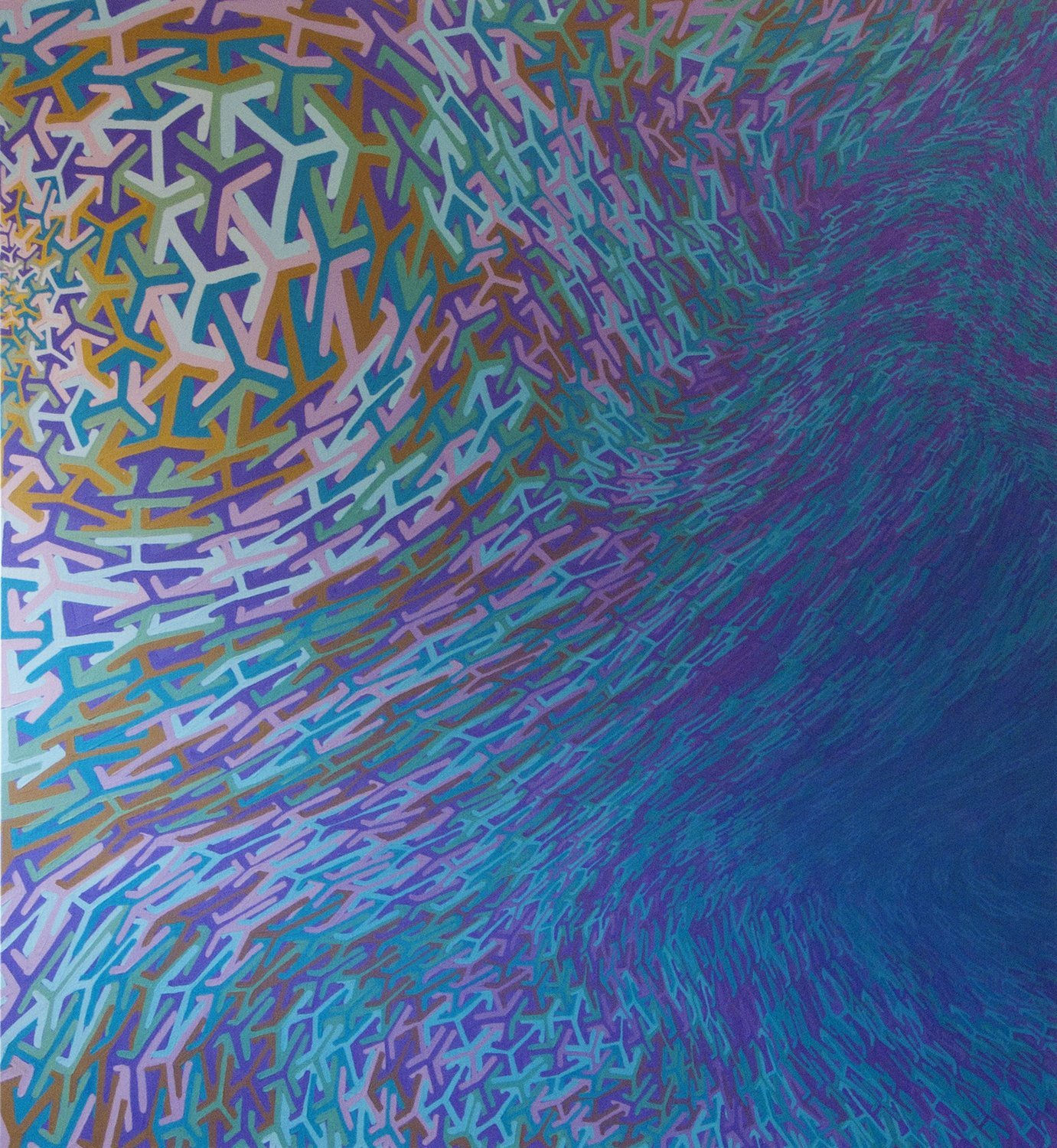 Dark painting with orange green blue and purple asterisk shaped forms morphing and moving in waves against each other