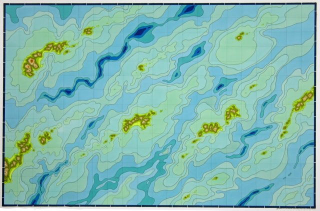 Multi-hued blue and green curvy shapes allude to topographic imaging of the ocean In various areas of the piece clusters of greens and yellows represent volcanic islands