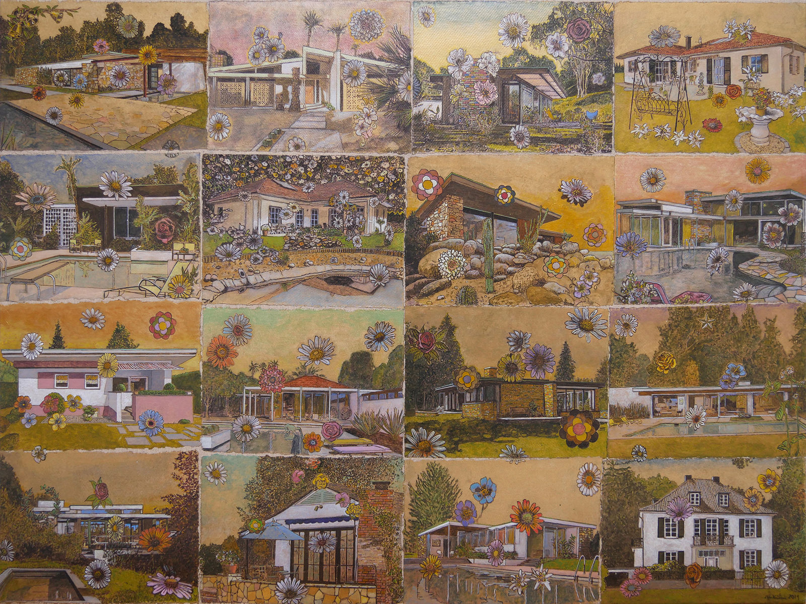 Four-by-four grid of sixteen different houses and landscaped gardens. Multicolored daisies float on top of all sixteen scenes, which are painted in sepia tones.