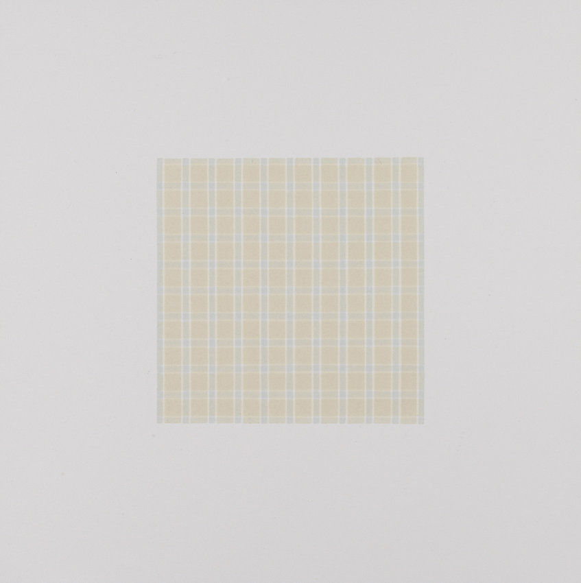 On top of square-shaped tan color field, white and blue horizontal and vertical lines create a ten by 10 grid.