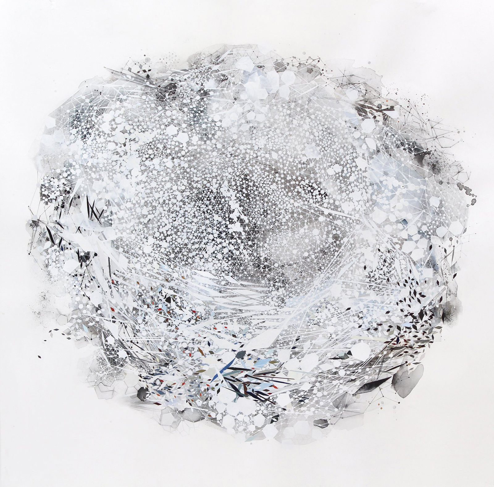 Abstract mixed media piece of a circular mass of primarily black and white layered and interconnecting geometric patterns, paint splotches, watercolor washes, and constellations against a white background