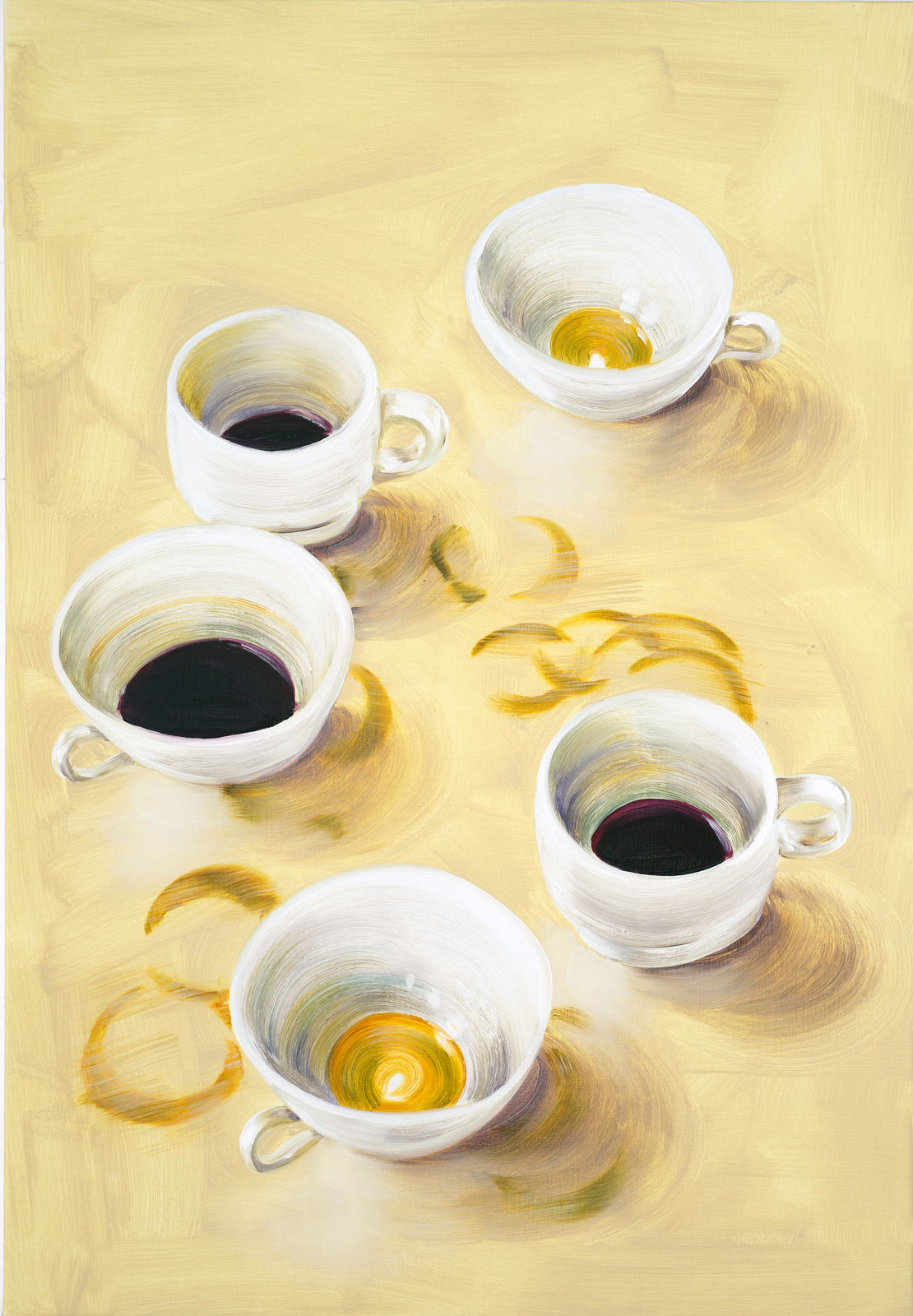 Five cups nearly empty with dregs of coffee on yellow surface. Rims of cups have left many coffee stains on the surface.