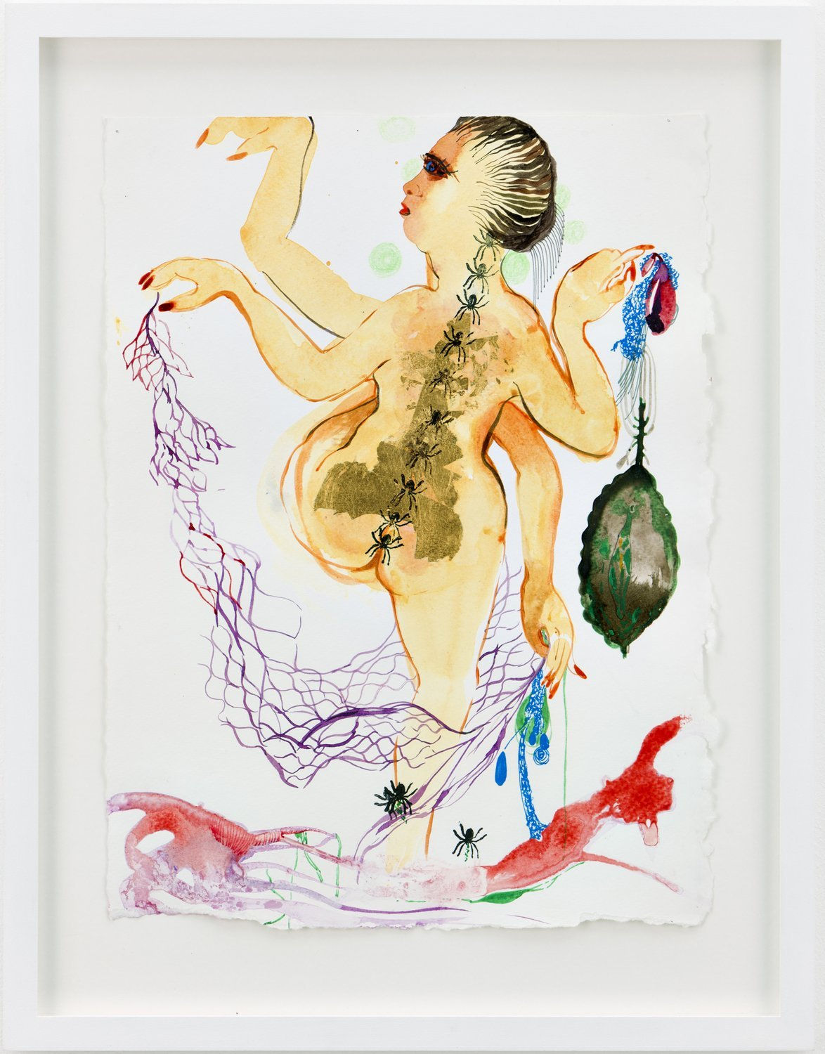 An image of a woman figure with one leg with spider arms holding a net and nest along with spiders crawling her her torso.