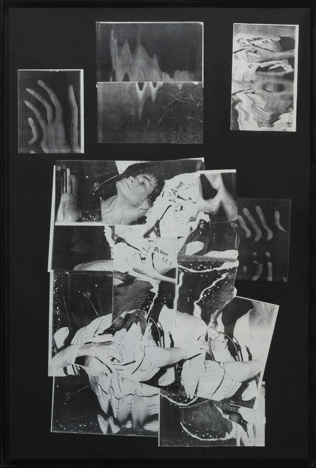 Photocopy of a black and white collage depicting multiple photos which have been tampered with to create an elongated and distorted head fingers and arms