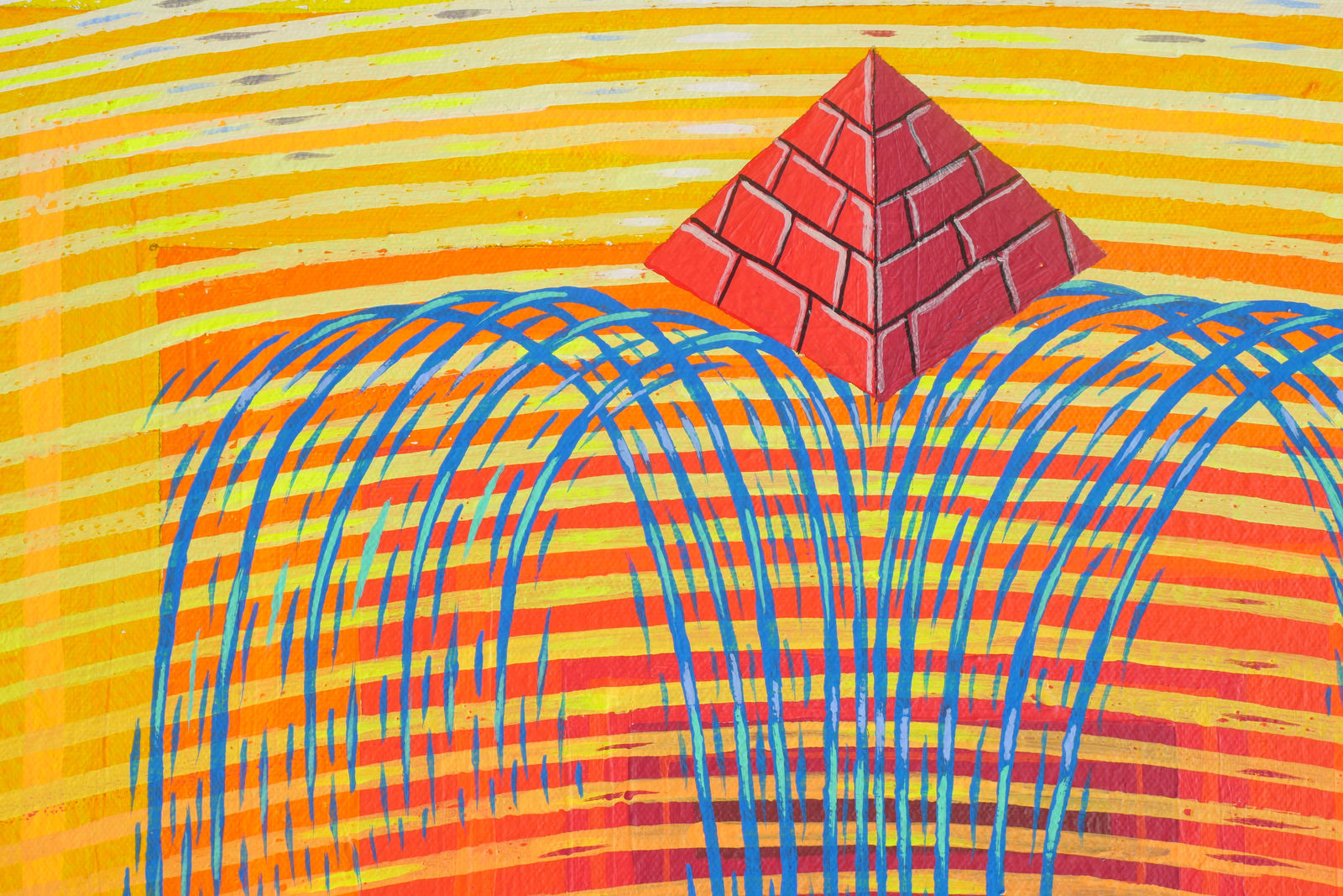 Detail; the blue fountain elevates the top point of the pyramid.