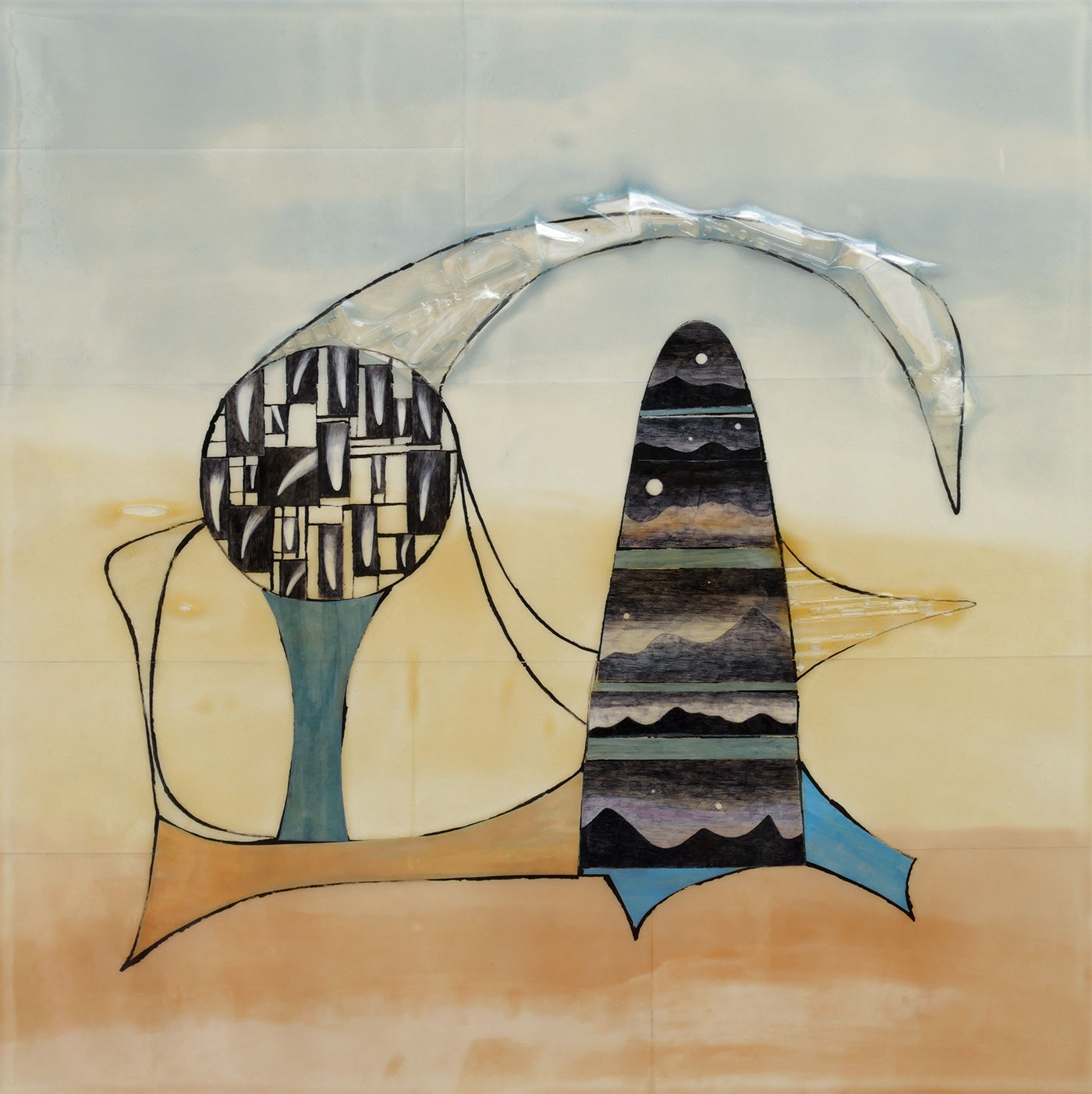 Multi-colored mixed media piece depicting a large geometric figure made out of interspersed cut out black ballpoint pen landscape drawings, found plastic, multi-colored painted shapes, and black lines. Two horizontal lines of orange and blue create a simple background. The entire piece is covered in a textured bio-resin