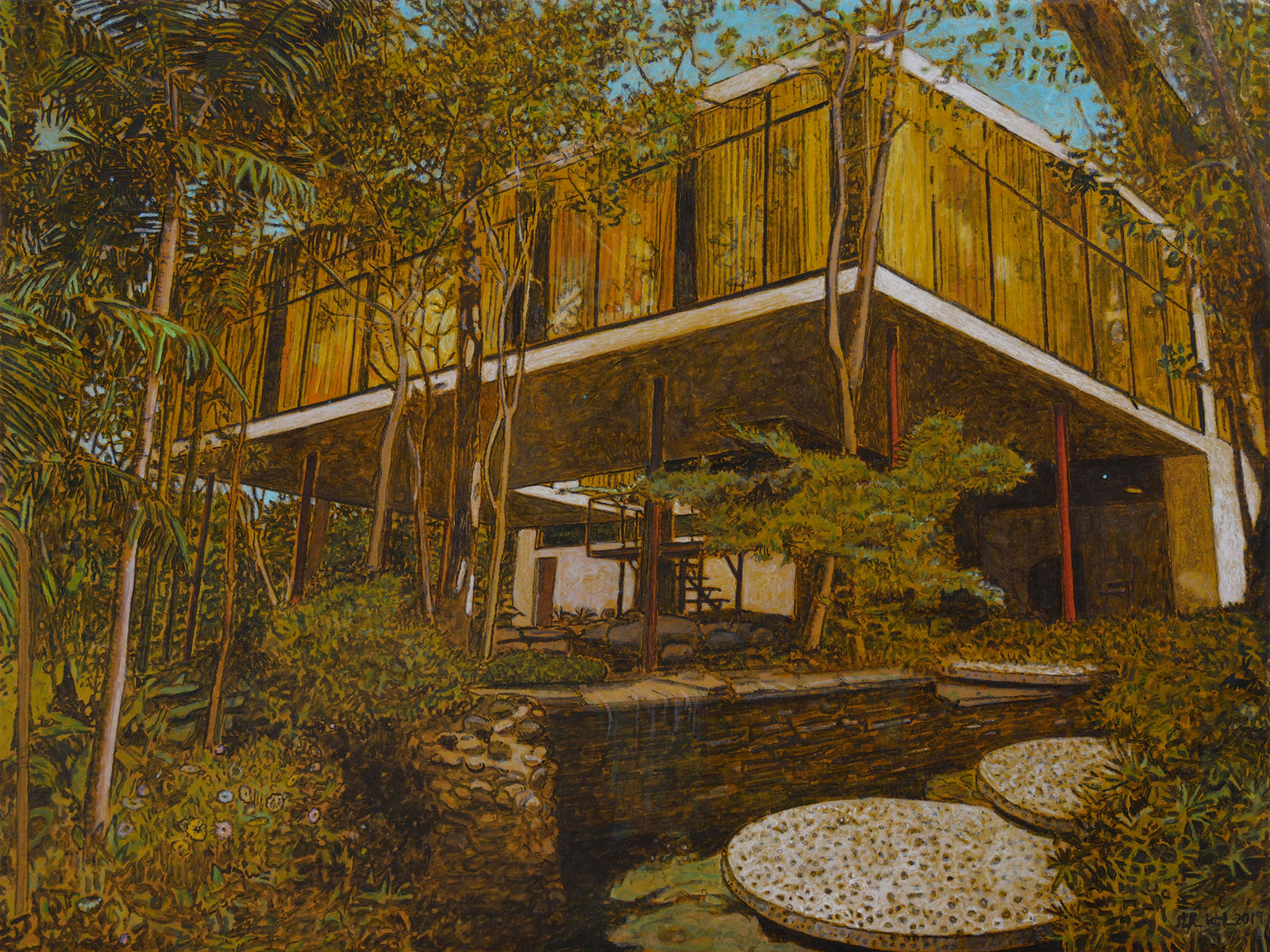 Modern house on stilts partially obscured by jungle foliage. Modern stone landscaping dominates the foreground. Scene is painted in sepia tones.