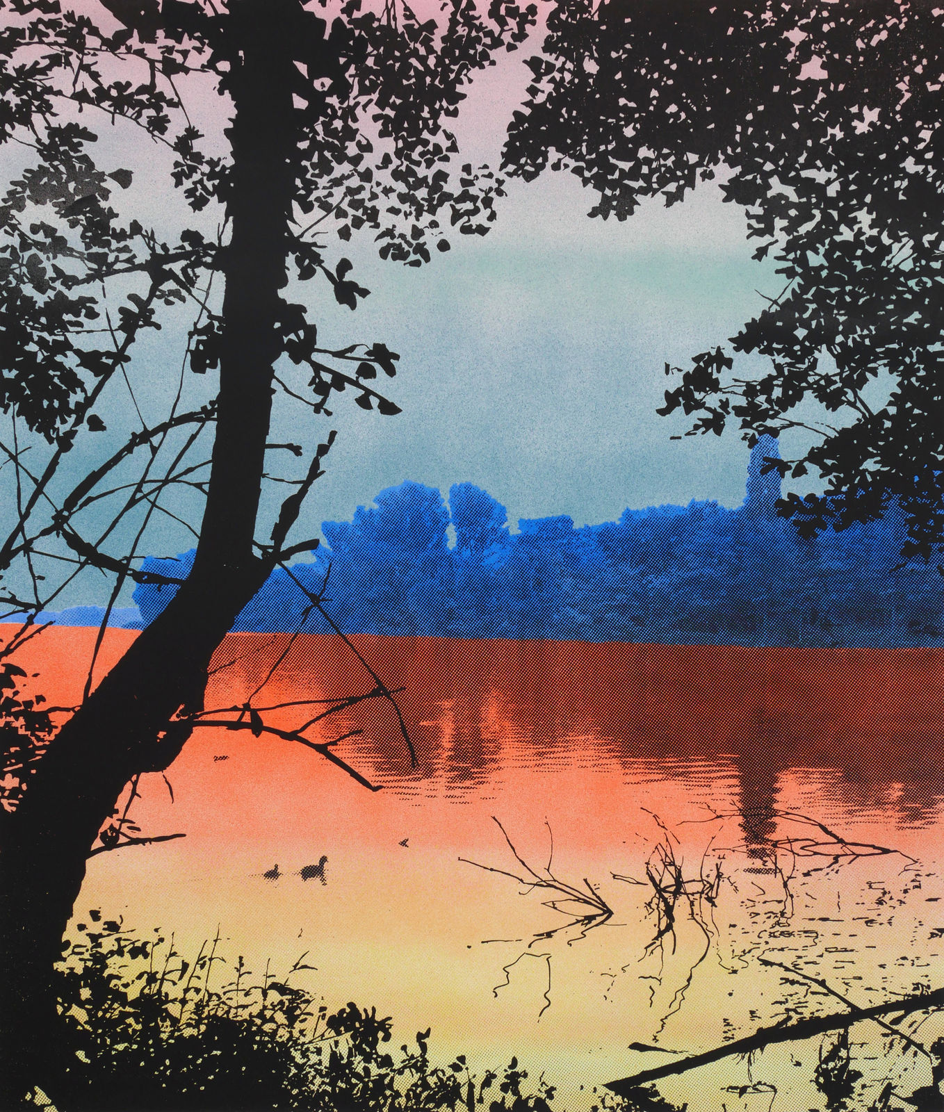Multiple silkscreen layers of multi-colored paint form a constructed landscape of a blurry riverbank with a black silhouette of a tree to the left of the piece. In the orange an yellow water are several more silhouettes of semi submerged plants and several ducks
