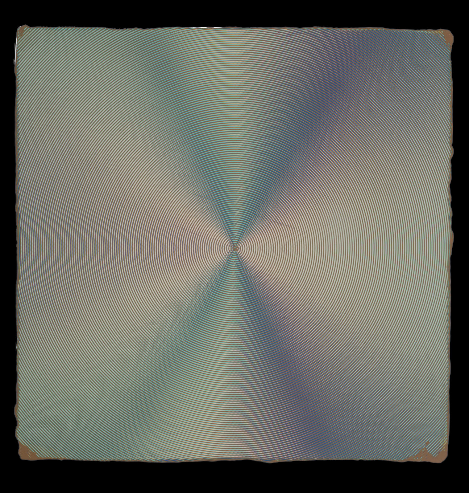 Square painting with concentric circles in yellows, greens and purples radiating from center outwards creating moire pattern.