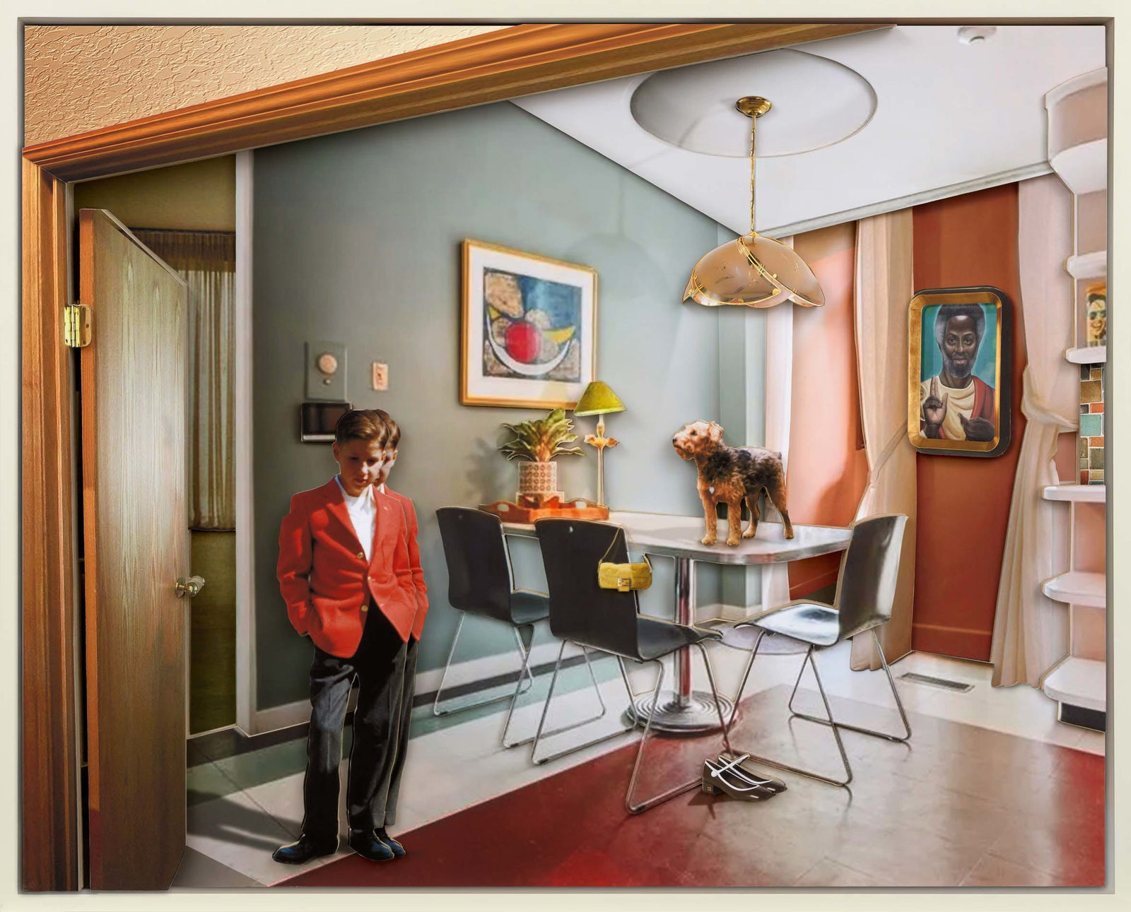 White boy in red blazer standing contemplatively in kitchen with dog on table and Black Jesus portrait on wall by Ron Norsworthy