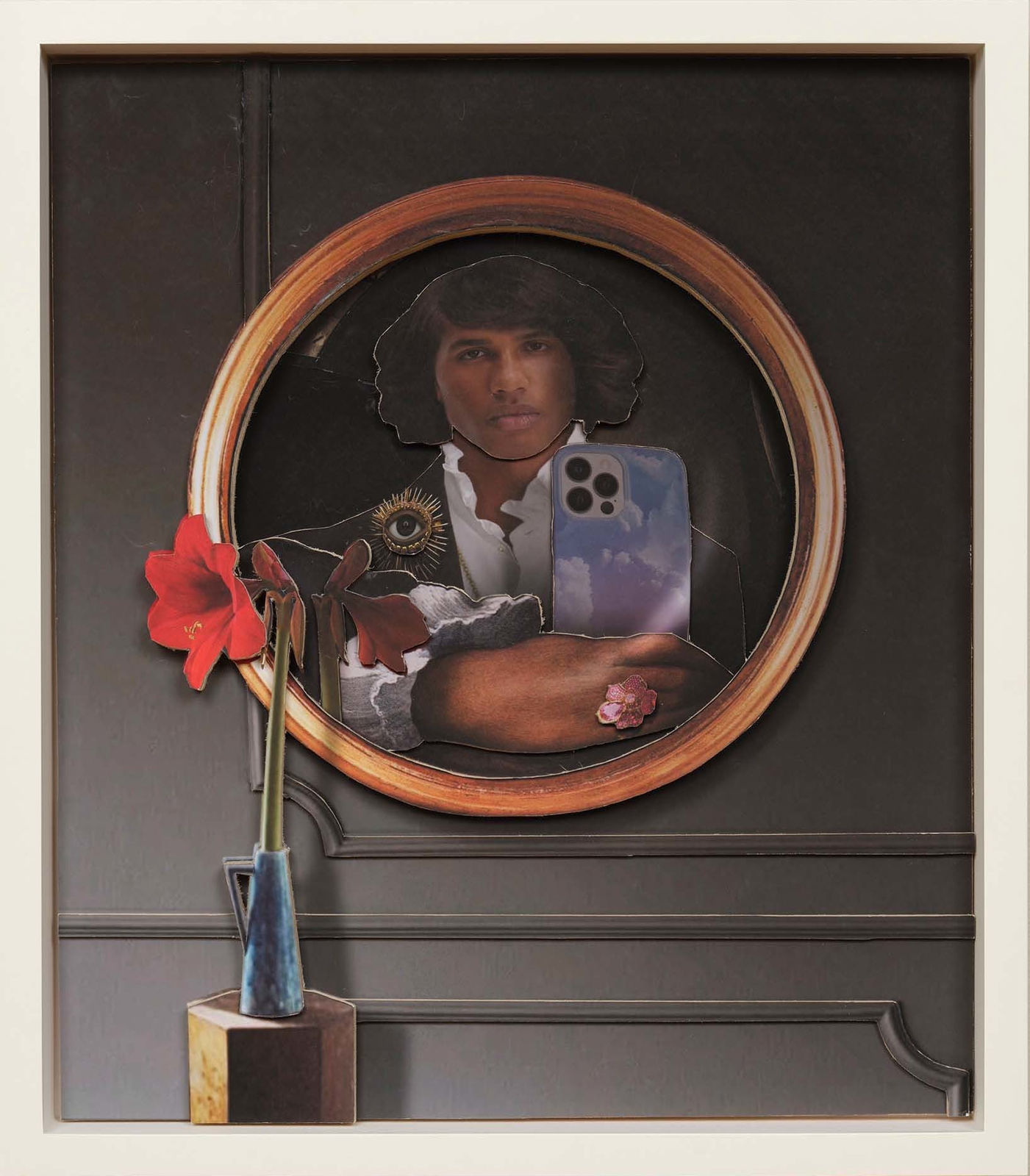 self-portrait of Ron Norsworthy in convex mirror holding iPhone in the style of Parmagianino's self portrait by Ron Norsworthy