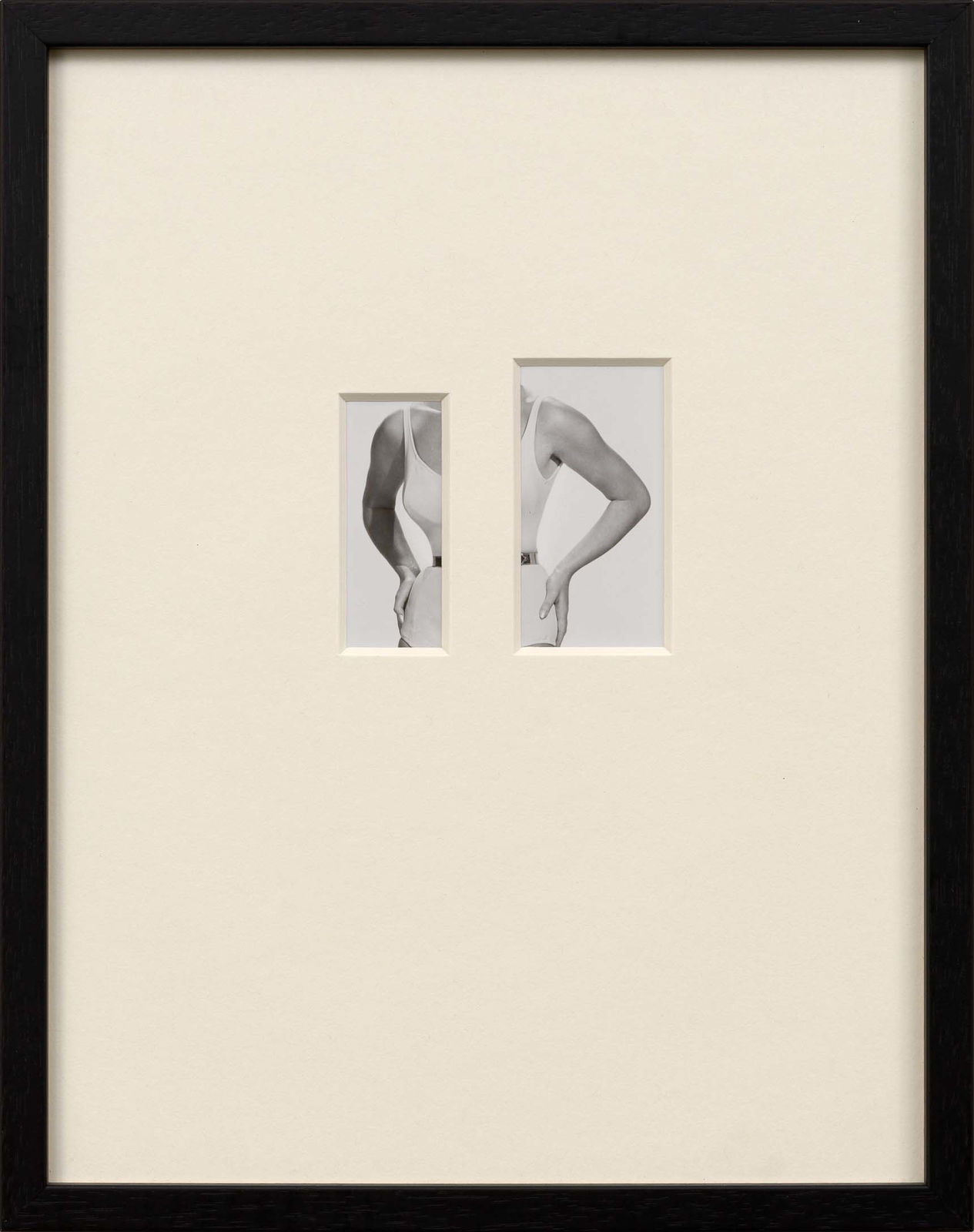 Framed photograph with overmat and two cutouts showing parts of woman's body in one-piece bathing suit by Sissi Farassat