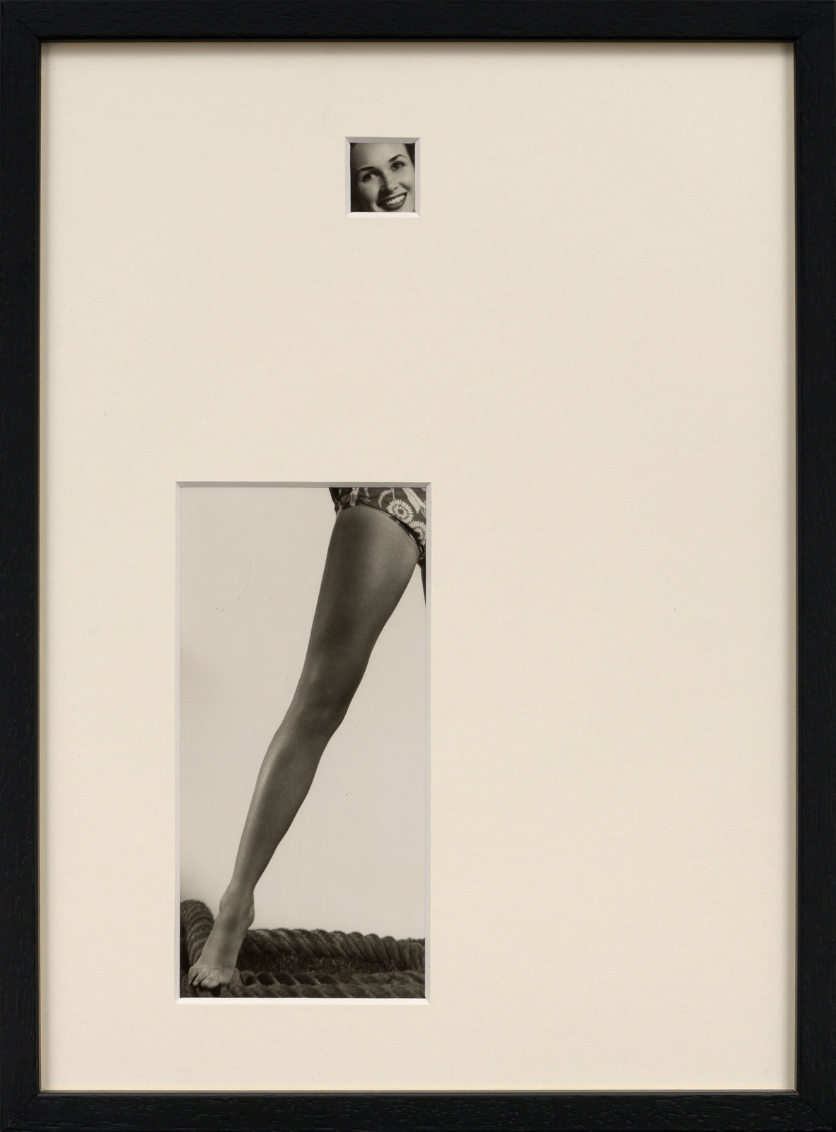 Framed photograph with overmat and cutouts showing photograph of woman's face and leg by Sissi Farassat
