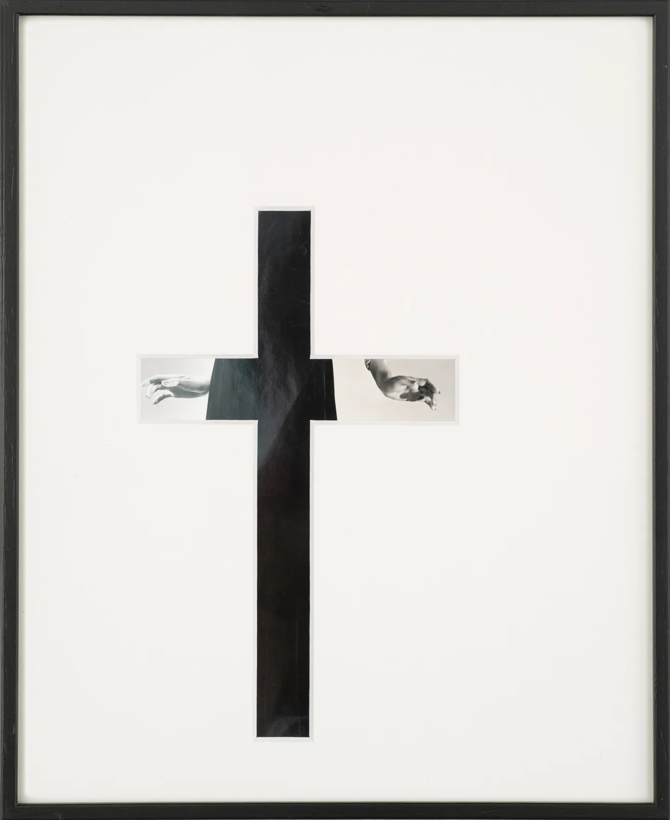 Framed photograph with overmat with cutout in the shape of a cross revealing woman's hands and black dress by Sissi Farassat