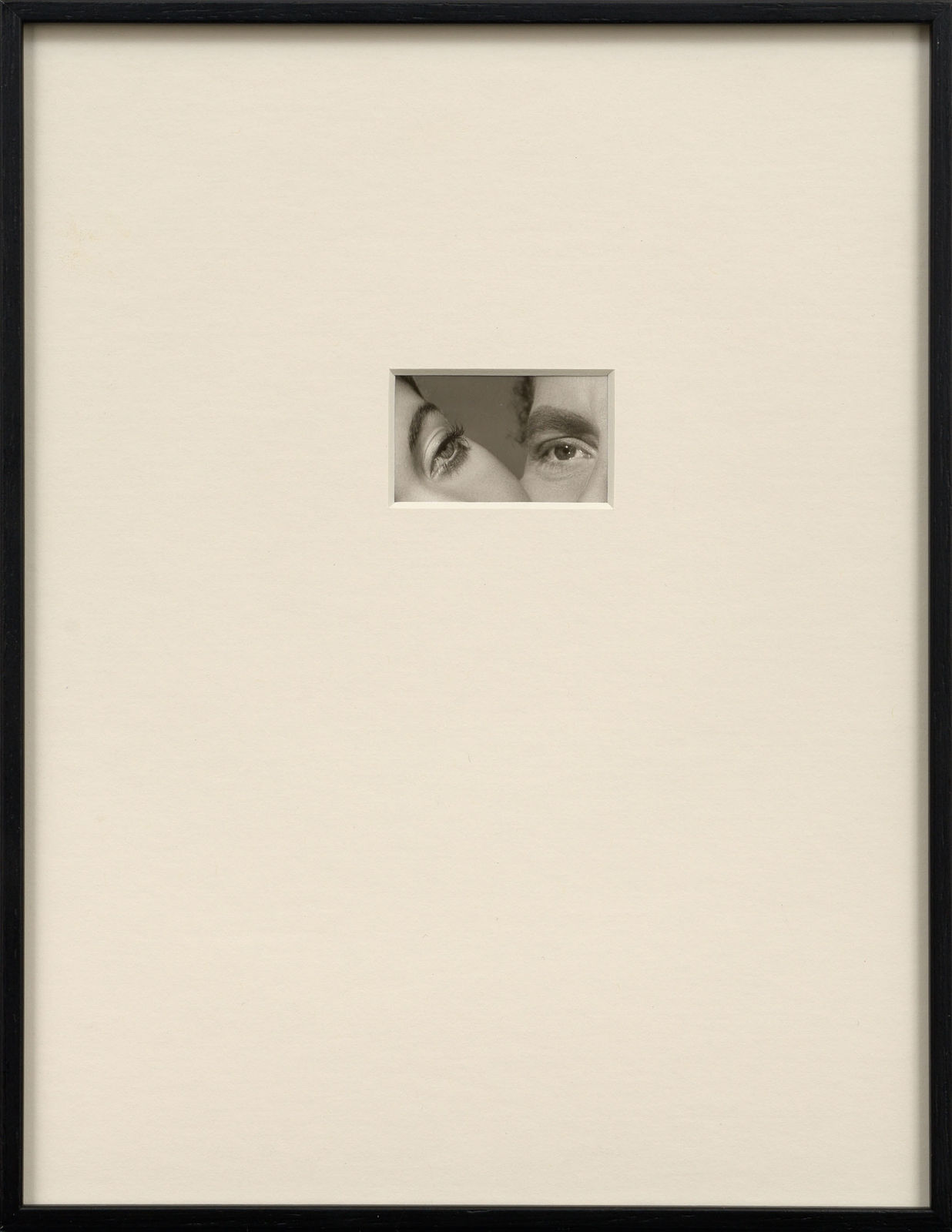 Framed photograph with overmat revealing four parts of and man and woman's face touching cheeks by Sissi Farassat