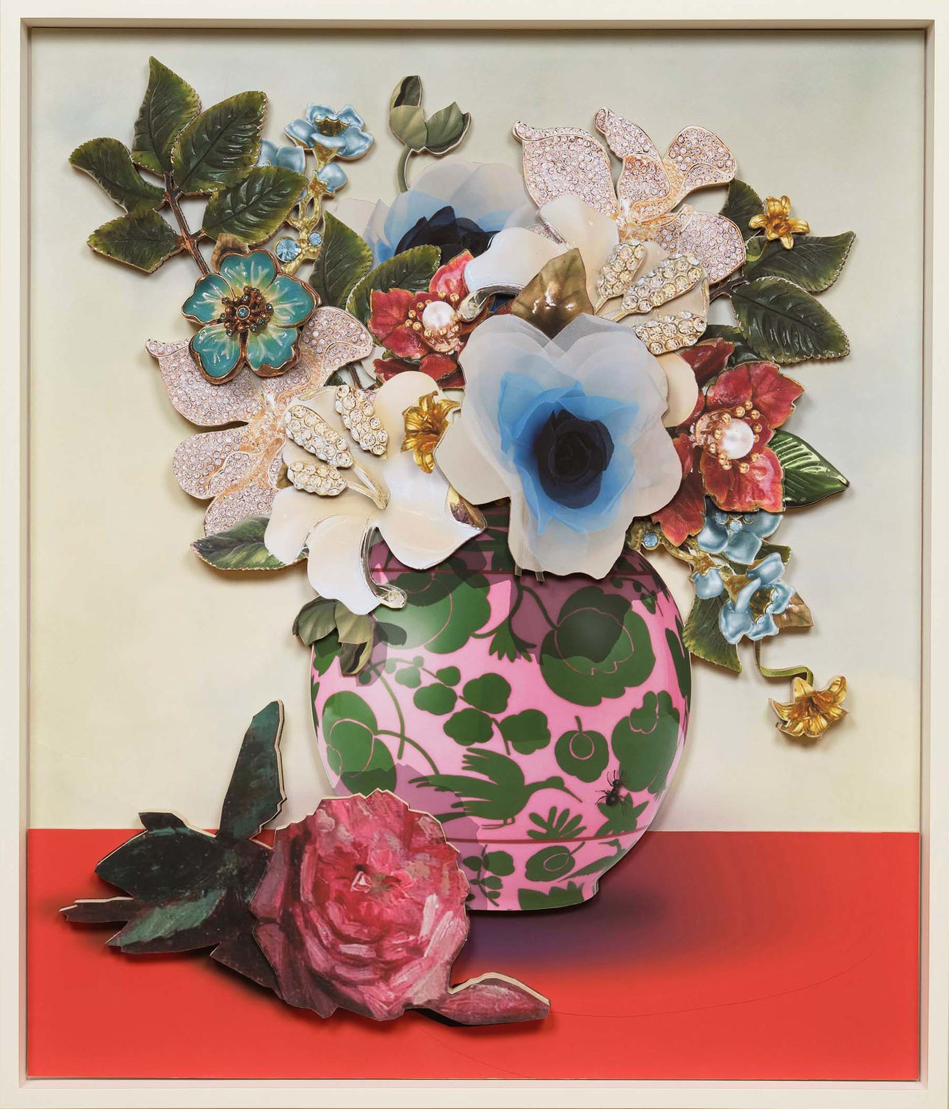 bouquet of flowers made out of jewelry and representations of flowers with painted rose on table, by Ron Norsworthy