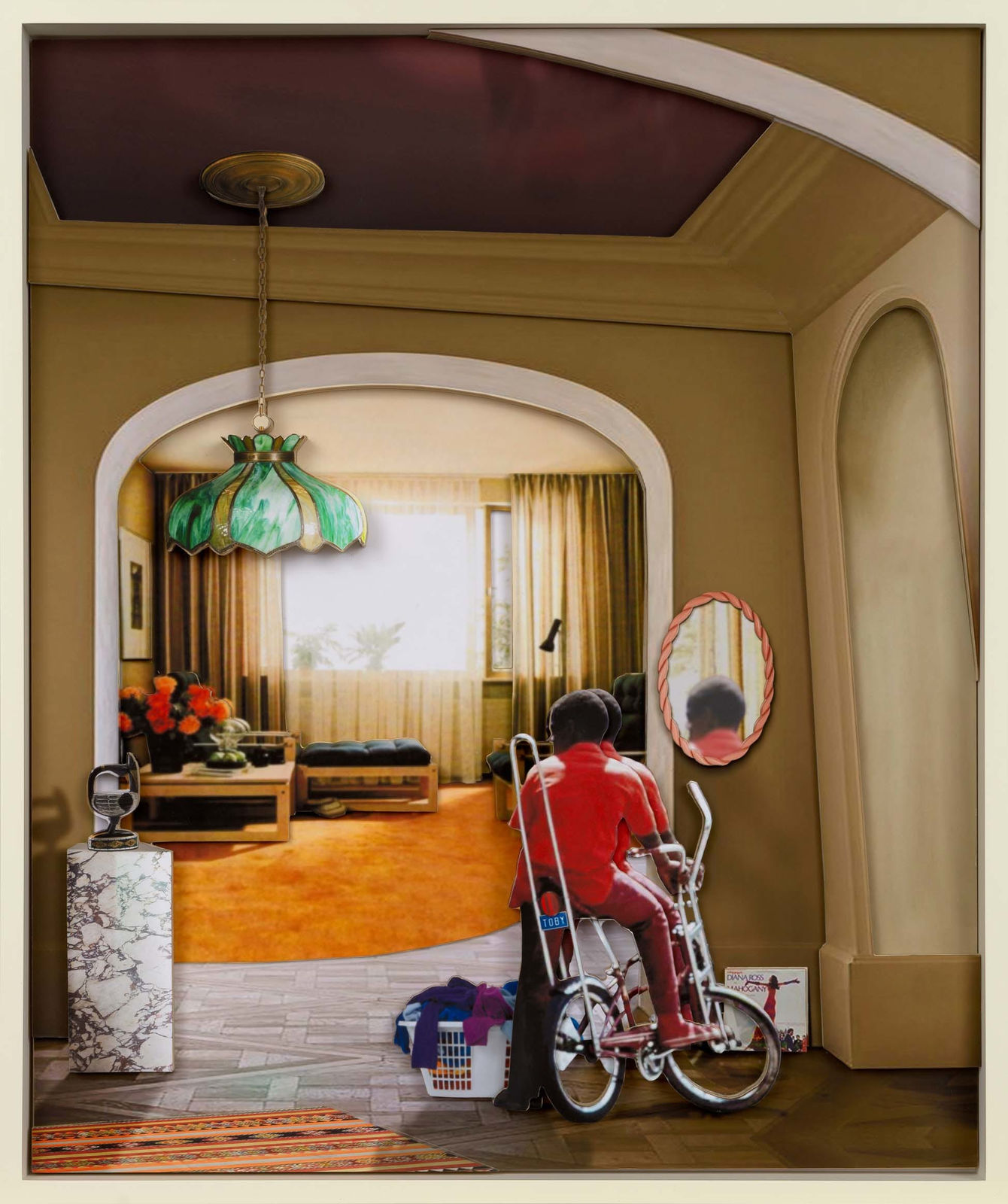 A wood relief collage by Ron Norsworthy showing a boy on a bike in a stylish interior with warm light, vintage decor, and a laundry basket on the floor.