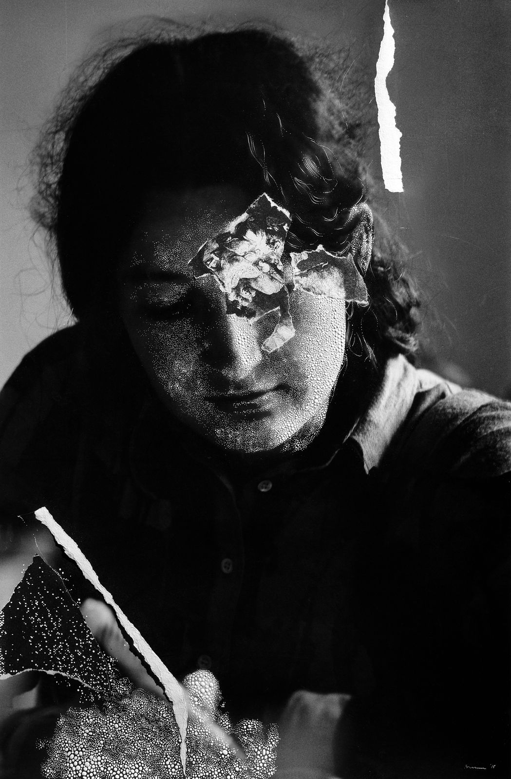 Sebastiaan Bremer Veronica Bris black and white portrait of woman with painted dots and ripped paper