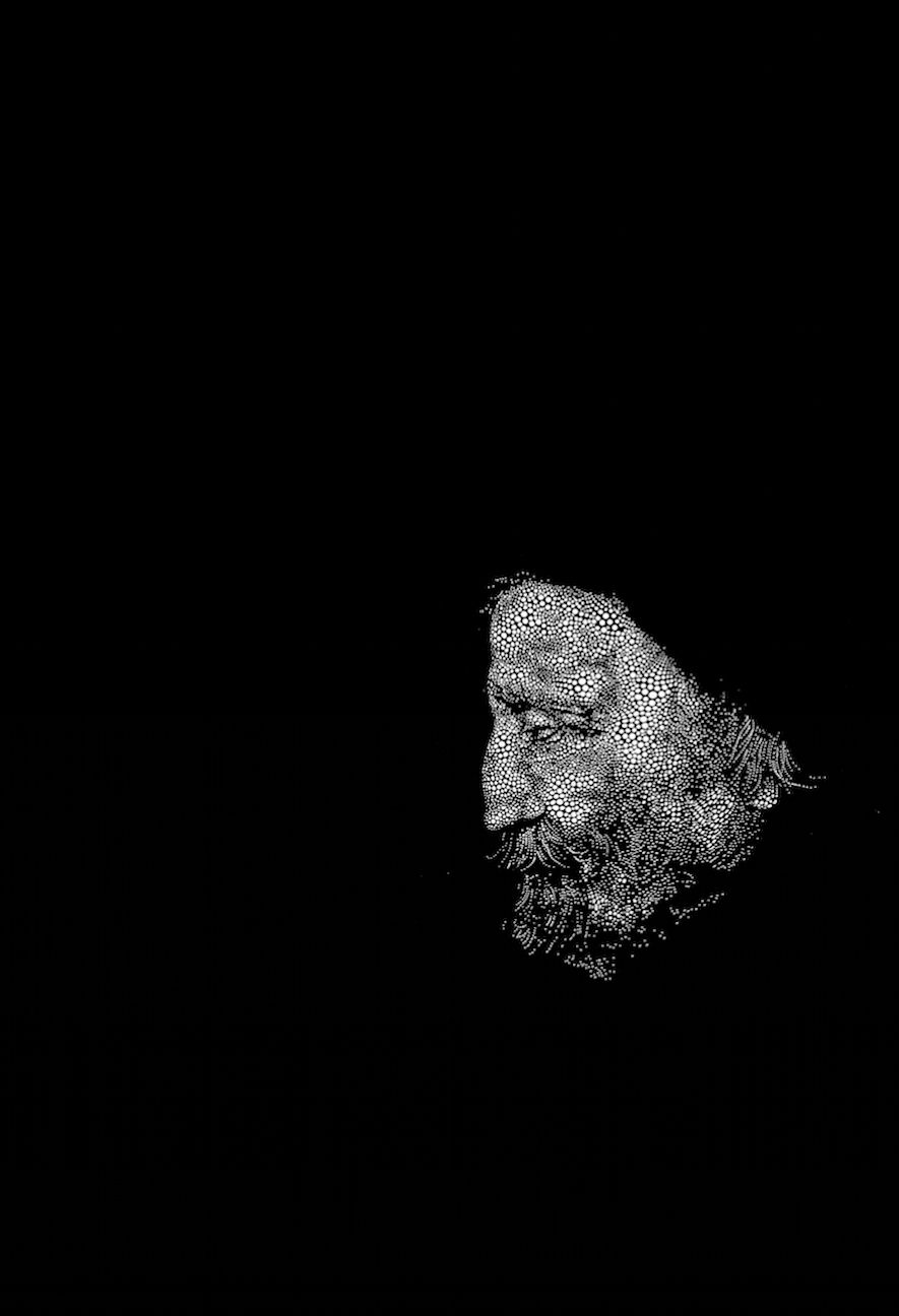 Sebastiaan Bremer The Second Head black and white image of Old Masters style man's head painted with dots emerging from black background