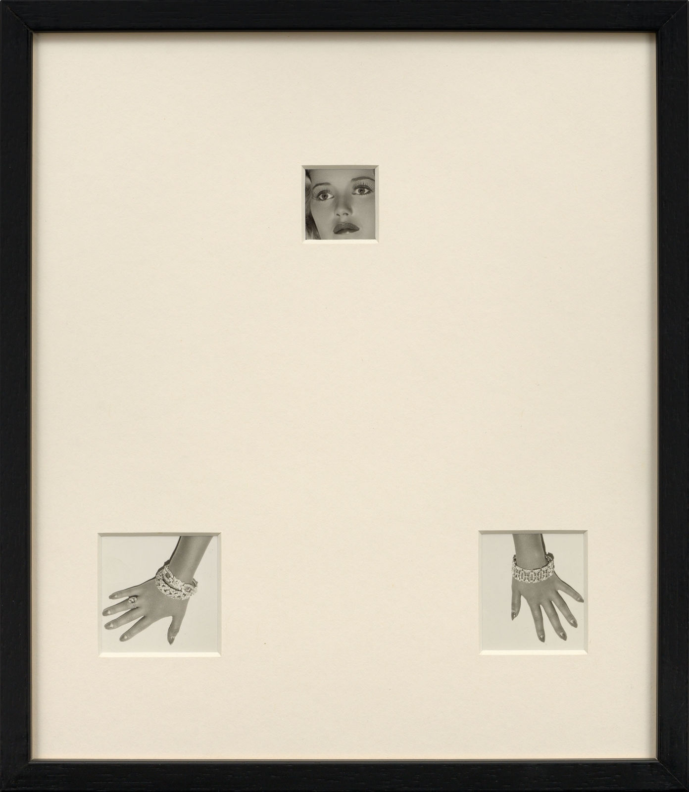 Framed photograph with overmat and cutouts showing photograph of woman's face and two hands by Sissi Farassat
