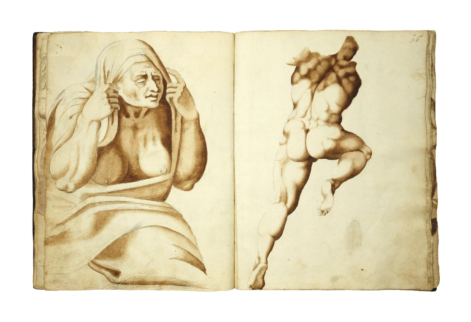 [Michelangelo Buonarroti], Album with 70 ink and wash studies after the "Last Judgment", preserving Michelangelo's original fresco designs, S.a. [ca. 1560]. [Rome].