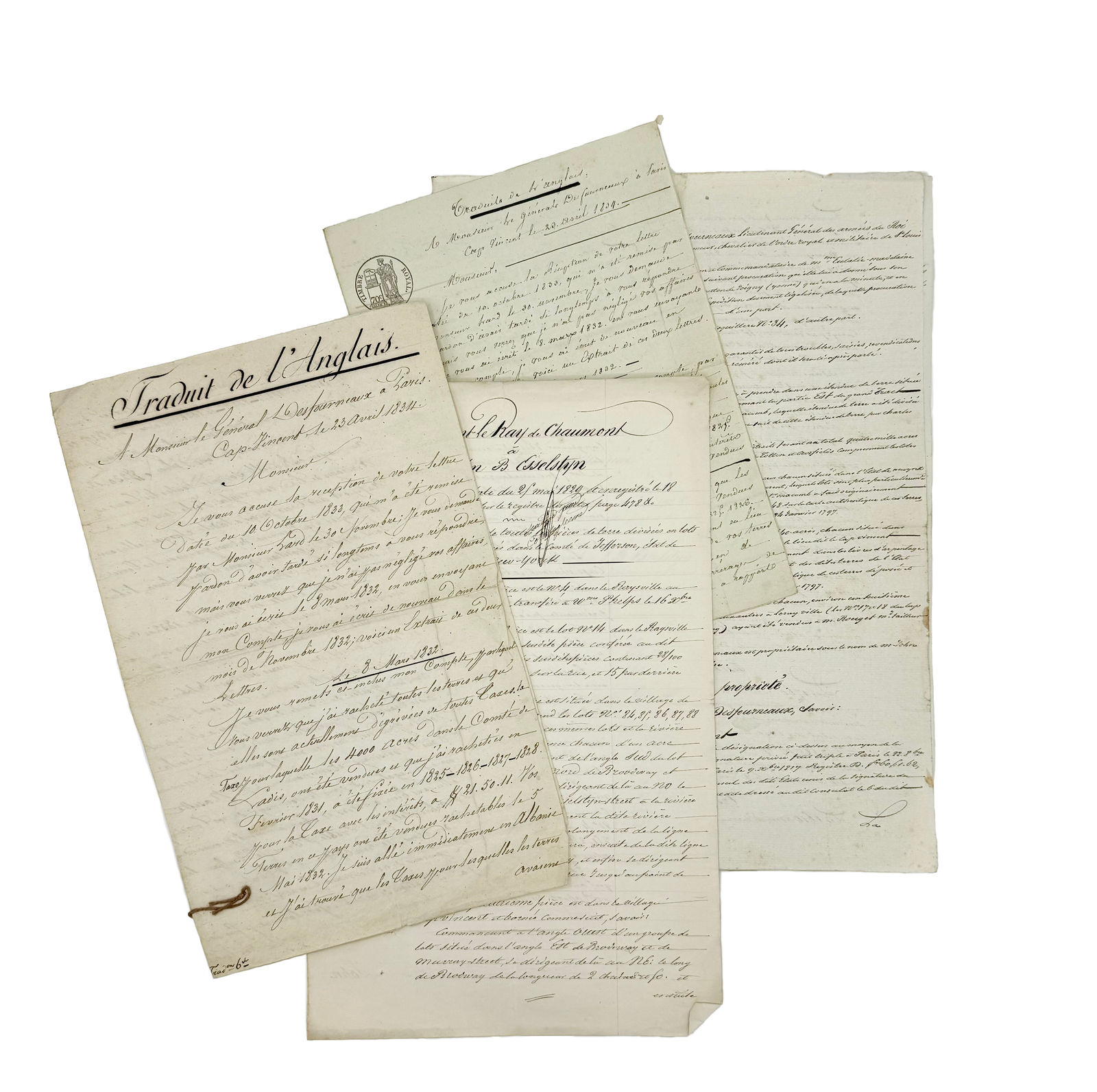 [New York – Jefferson County], An extensive archive of letters and documents on the creation and planning of Jefferson County, New York, Paris, etc., 1797–1877.