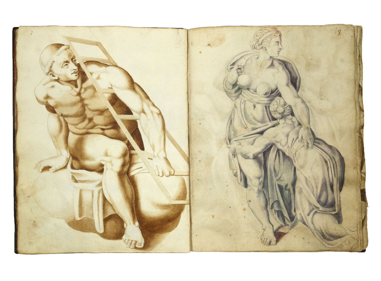 [Michelangelo Buonarroti], Album with 70 ink and wash studies after the "Last Judgment", preserving Michelangelo's original fresco designs, S.a. [ca. 1560]. [Rome].