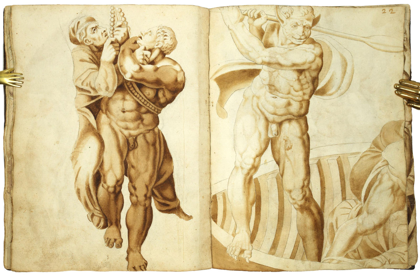 [Michelangelo Buonarroti], Album with 70 ink and wash studies after the "Last Judgment", preserving Michelangelo's original fresco designs, S.a. [ca. 1560]. [Rome].