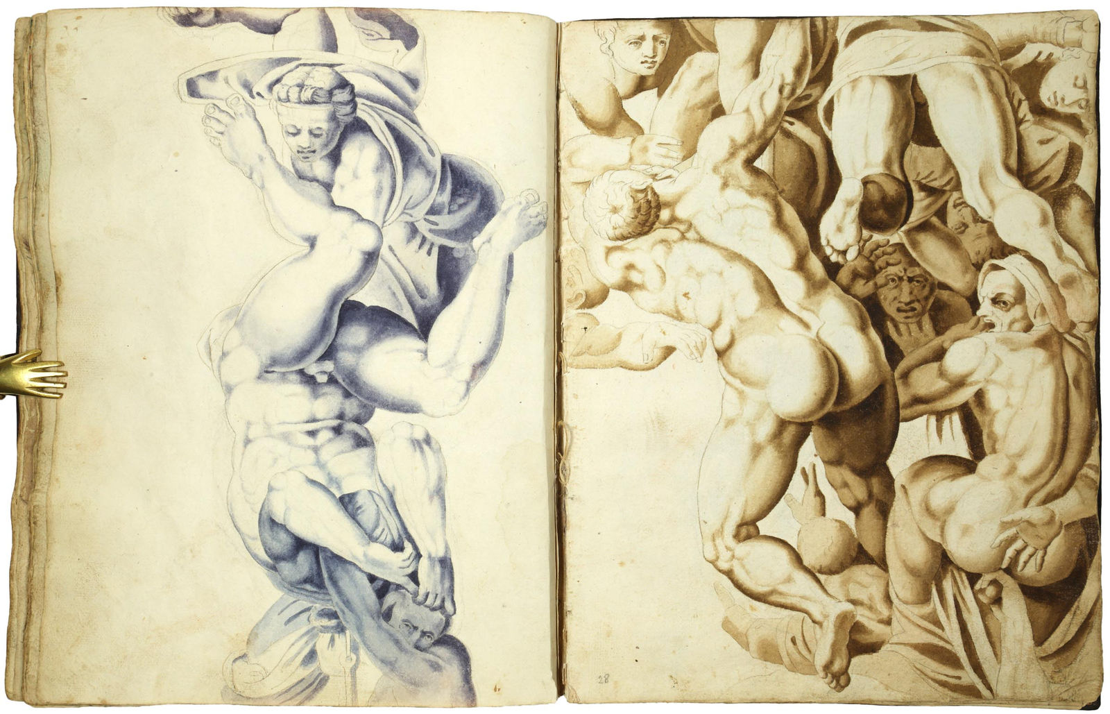 [Michelangelo Buonarroti], Album with 70 ink and wash studies after the "Last Judgment", preserving Michelangelo's original fresco designs, S.a. [ca. 1560]. [Rome].