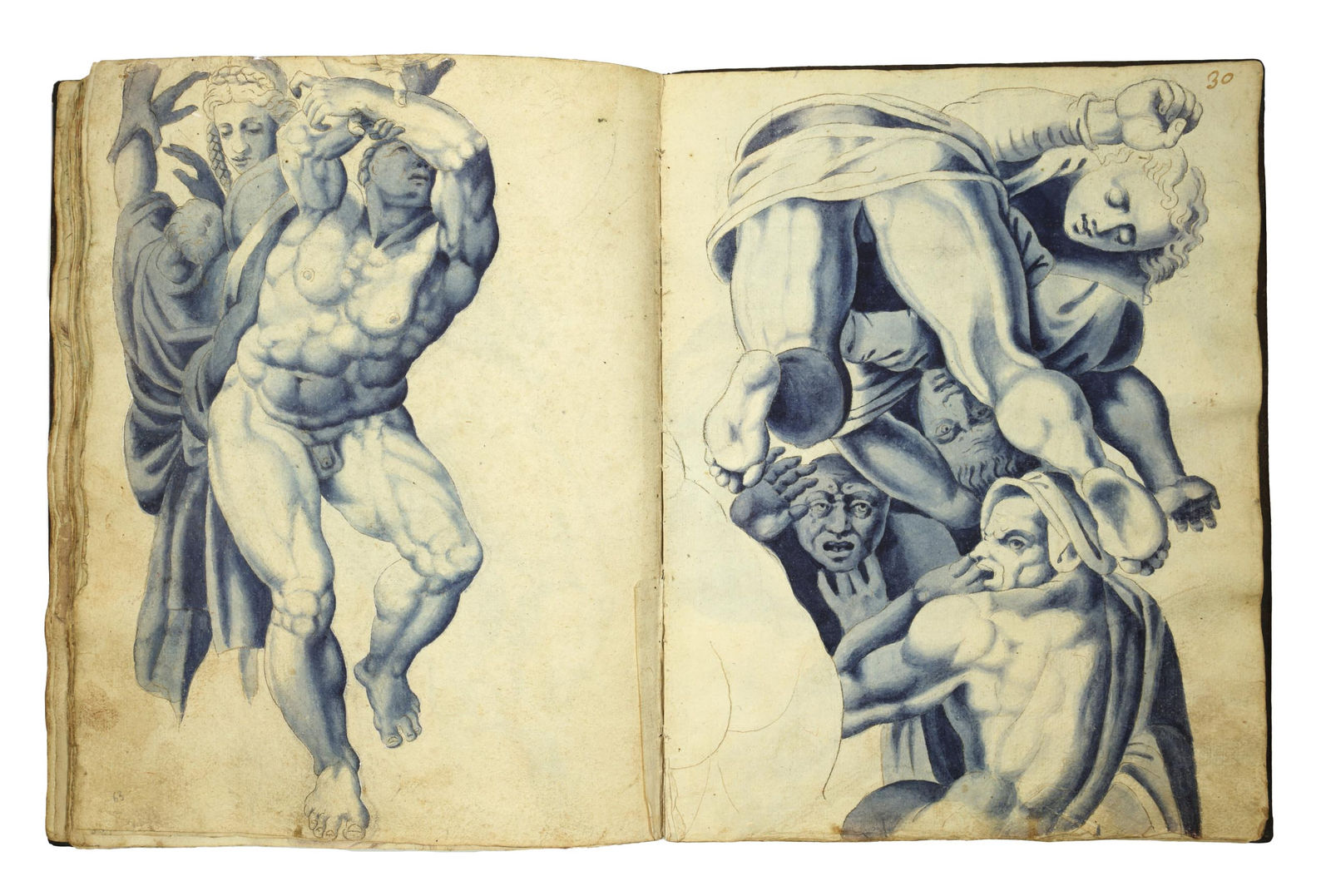 [Michelangelo Buonarroti], Album with 70 ink and wash studies after the "Last Judgment", preserving Michelangelo's original fresco designs, S.a. [ca. 1560]. [Rome].
