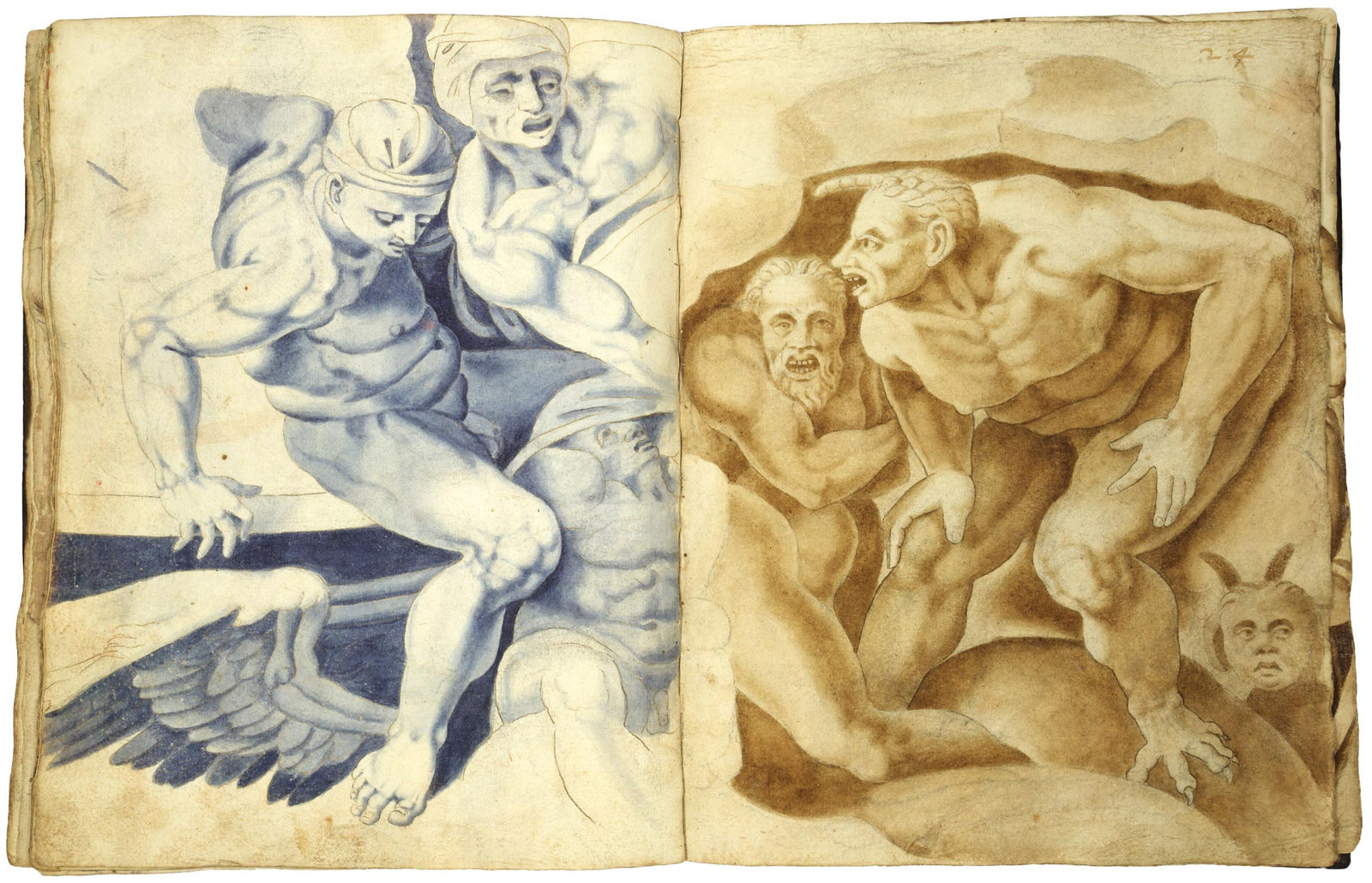 [Michelangelo Buonarroti], Album with 70 ink and wash studies after the "Last Judgment", preserving Michelangelo's original fresco designs, S.a. [ca. 1560]. [Rome].