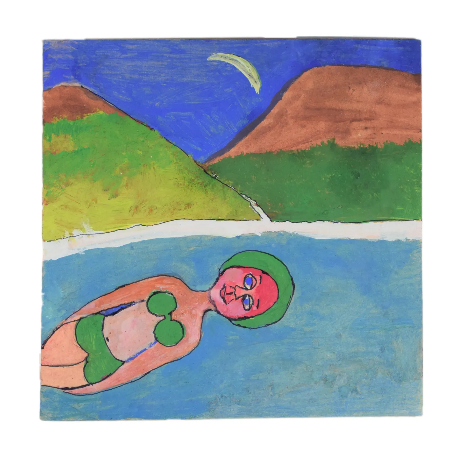 Frank Walter, Woman Swimming Against Green Hills & Blue Sky