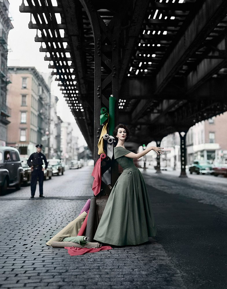 William Helburn, Dovima Under the El, "Dior Creates Cosmopolitan Drama", NYC, 1955