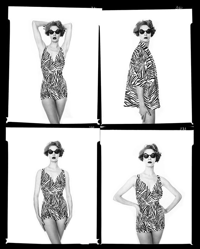 William Helburn, Jean Patchett Zebra Ensemble Contact Sheet, for Vogue, 1954