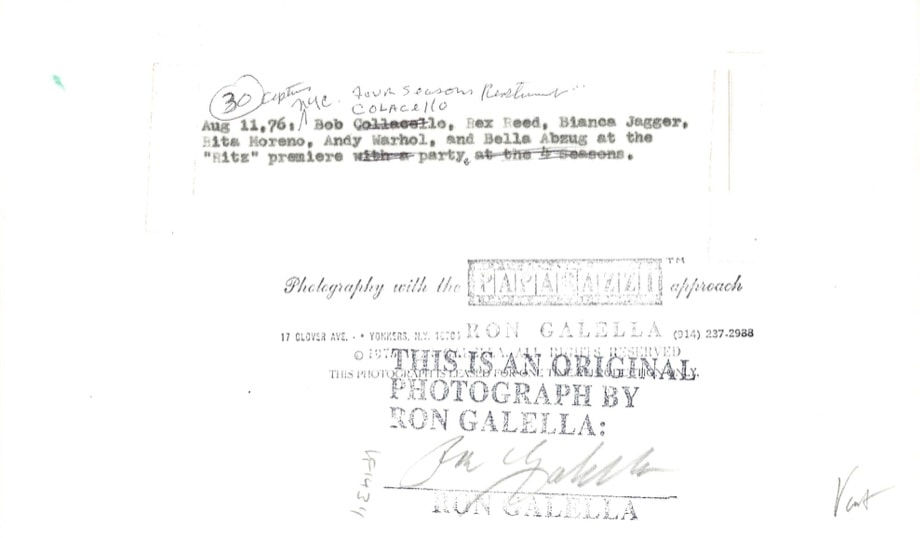 Ron Galella, Bob Colacello, Rex Reed, Bianca Jagger, Andy Warhol, Rita Moreno, and Bella Abzug at "The Ritz" premiere, 4 Seasons, New York City, August 11, 1976