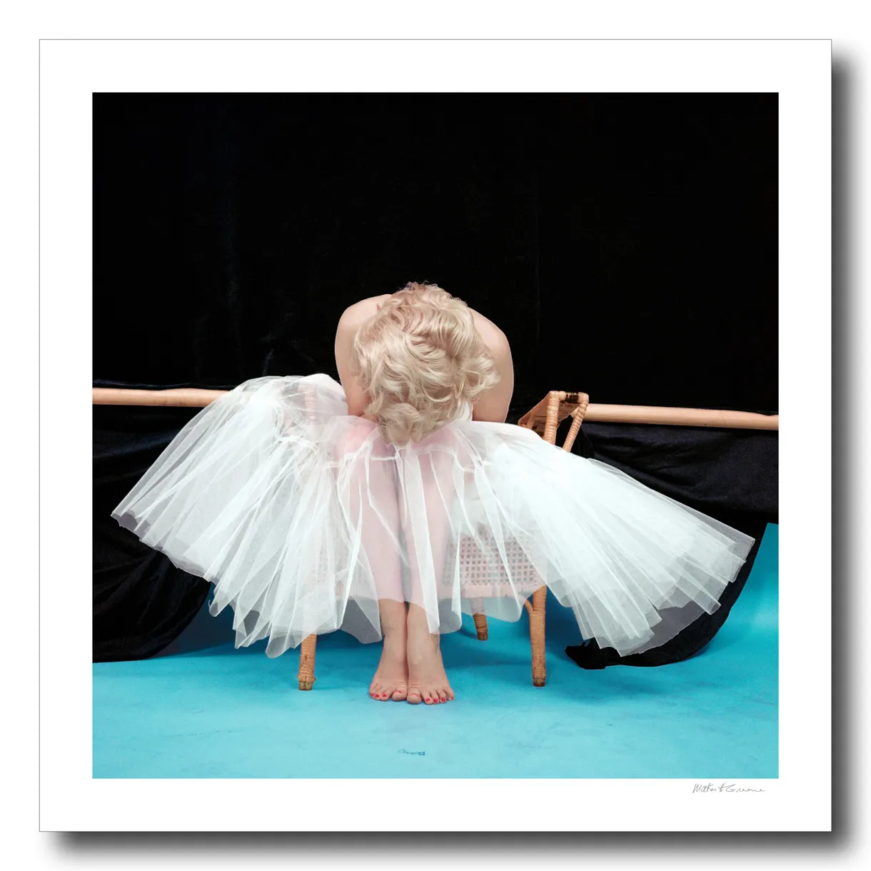 Milton H. Greene, Marilyn Monroe poses in a studio in a ballerina dress by fashion designer Anne Klein, New York, October, 1954