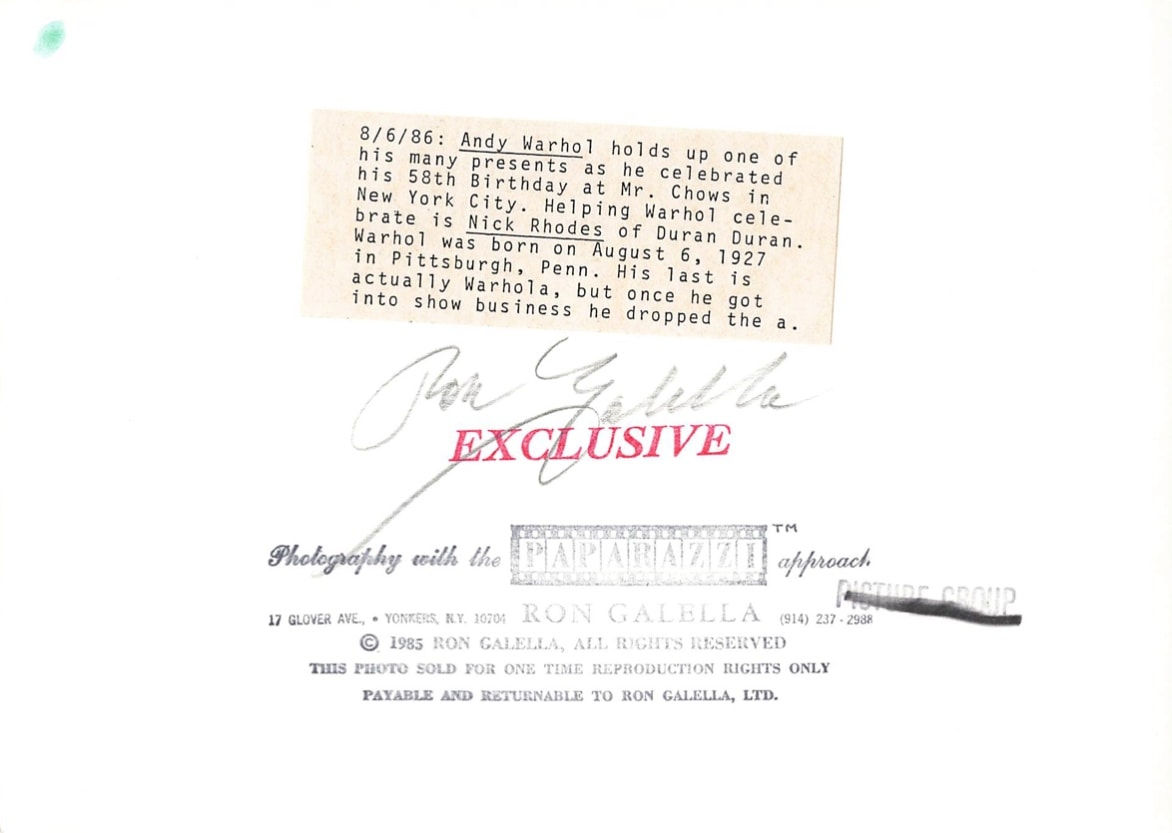 Ron Galella, Andy Warhol celebrating his 58th birthday at Mr. Chow's, New York City, August 6, 1986