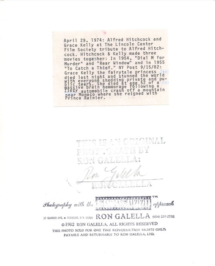 Ron Galella, Alfred Hitchcock and Grace Kelly at The Lincoln Center Film Society tribute to Alfred Hitchcock, April 29, 1974