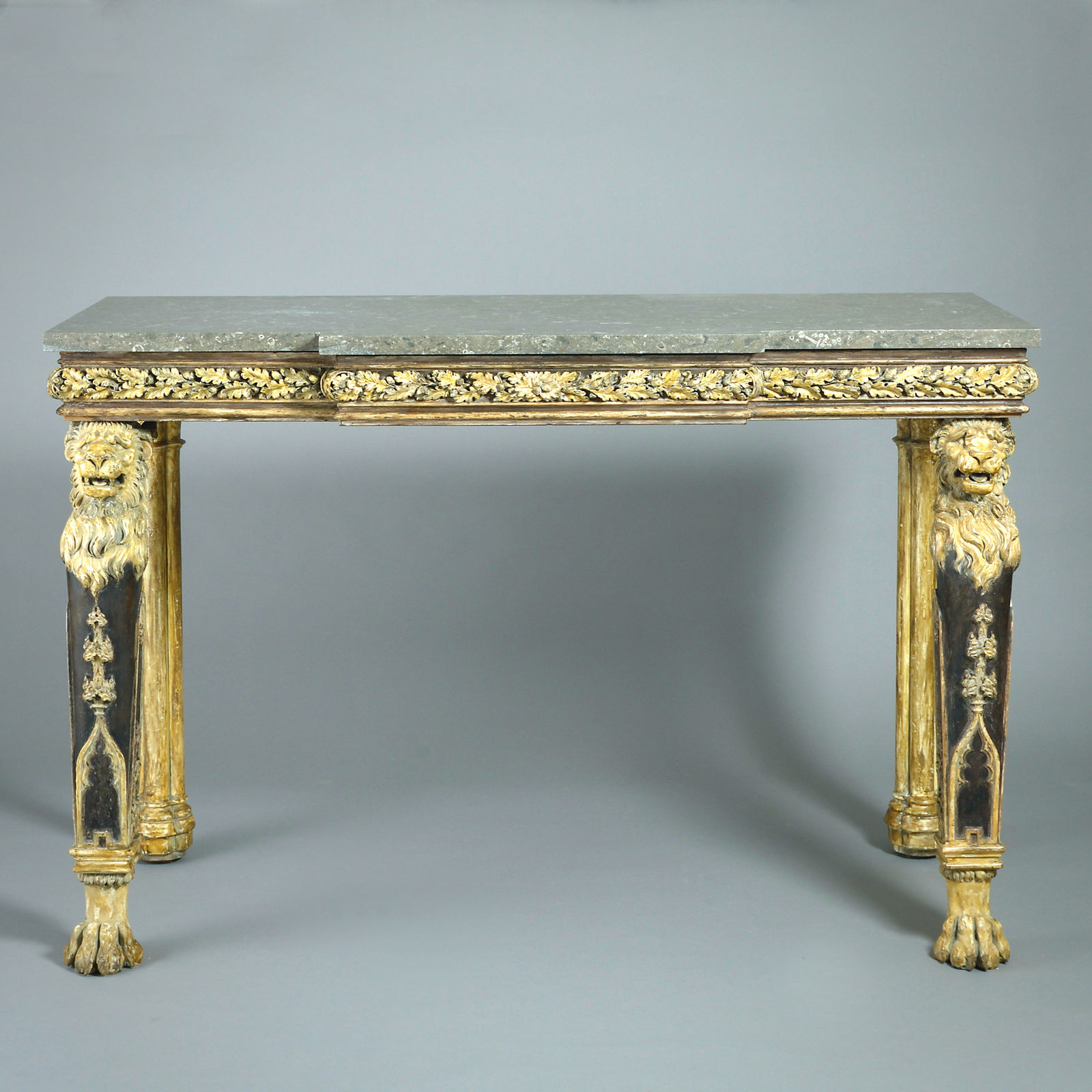 MASSIVE PAIR OF IRISH GEORGE IV BRONZED AND PAINTED SIDE TABLES ATTRIBUTED TO JAMES DEL VECCHIO OF DUBLIN