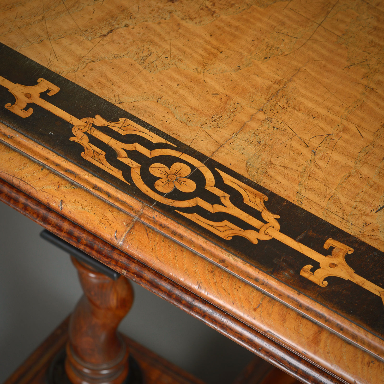 MARQUETRY-INLAID ASH AND EBONISED CENTRE TABLE