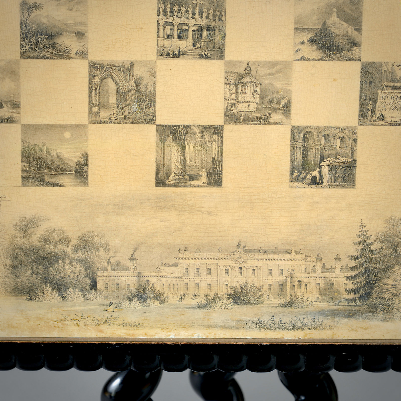 EARLY VICTORIAN TILT-TOP TABLE, DECORATED EN GRISAILLE WITH VIGNETTES OF WENTWORTH WOODHOUSE