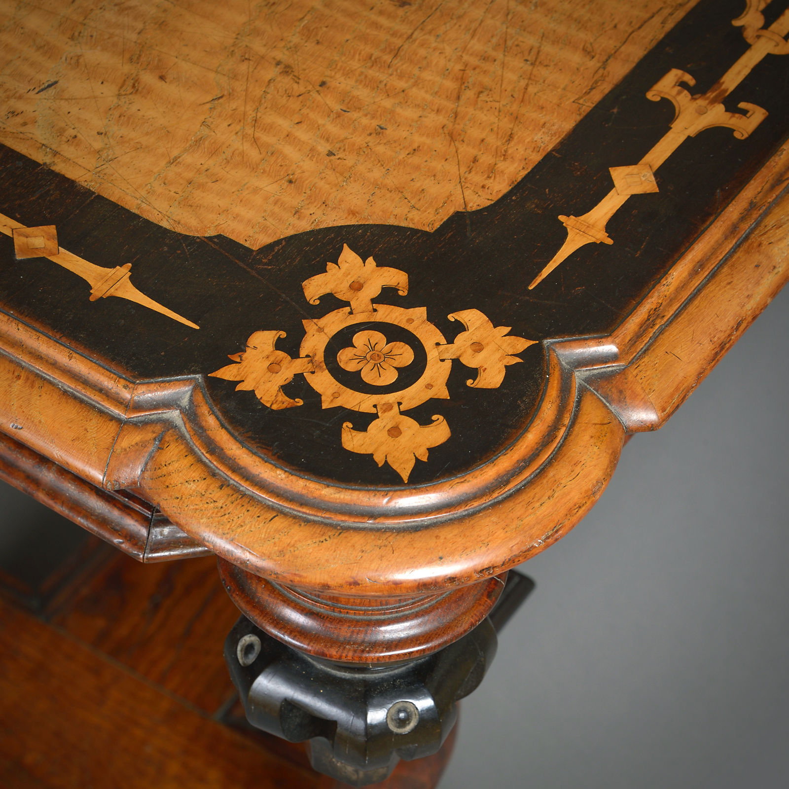 MARQUETRY-INLAID ASH AND EBONISED CENTRE TABLE