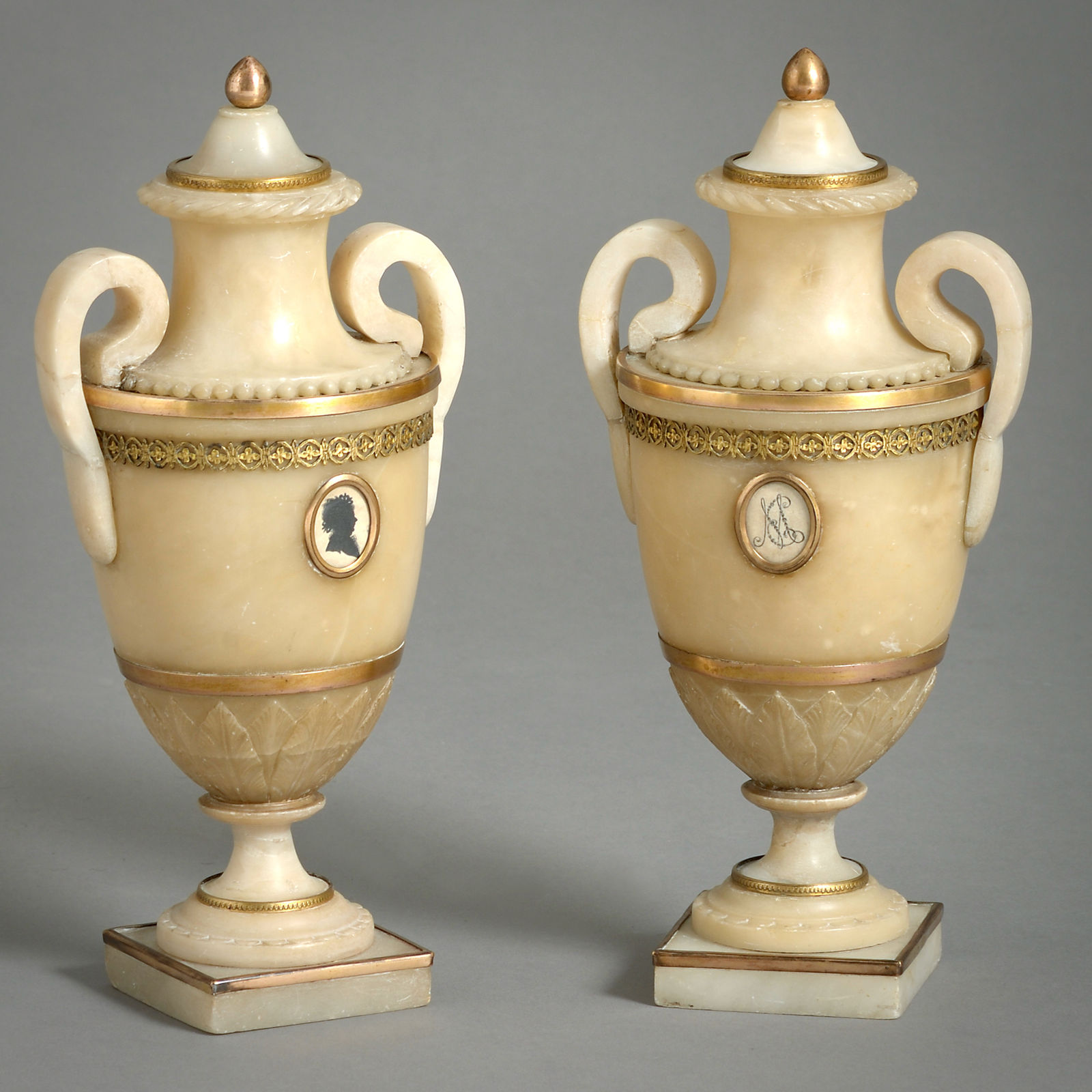 PAIR OF DERBYSHIRE ALABASTER URNS