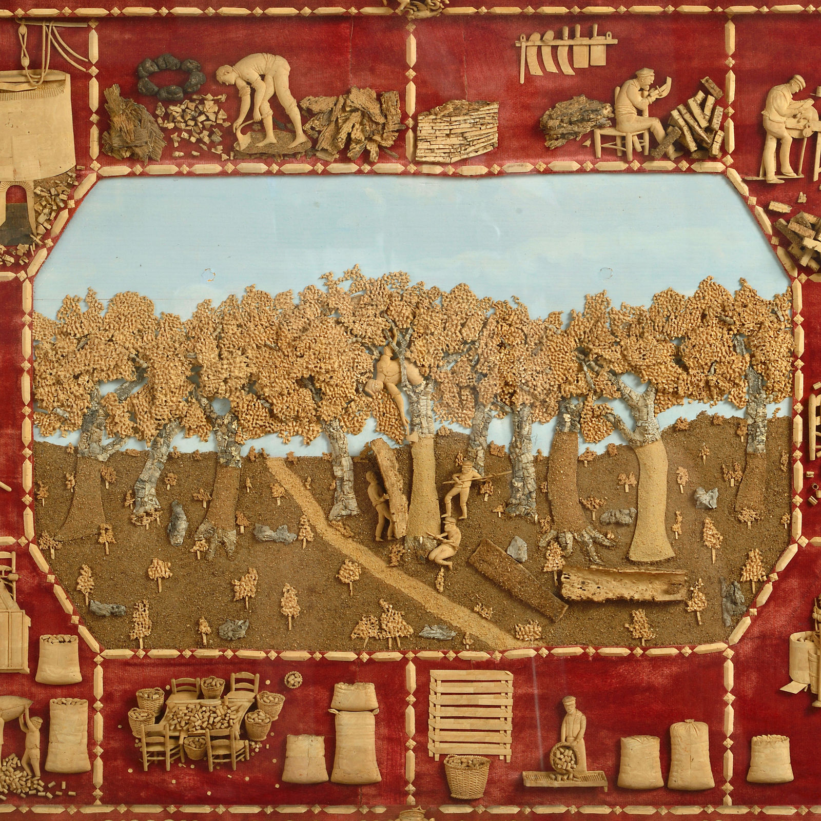 EXCEPTIONAL SPANISH CORK PICTURE ILLUSTRATING THE PRODUCTION OF CORK