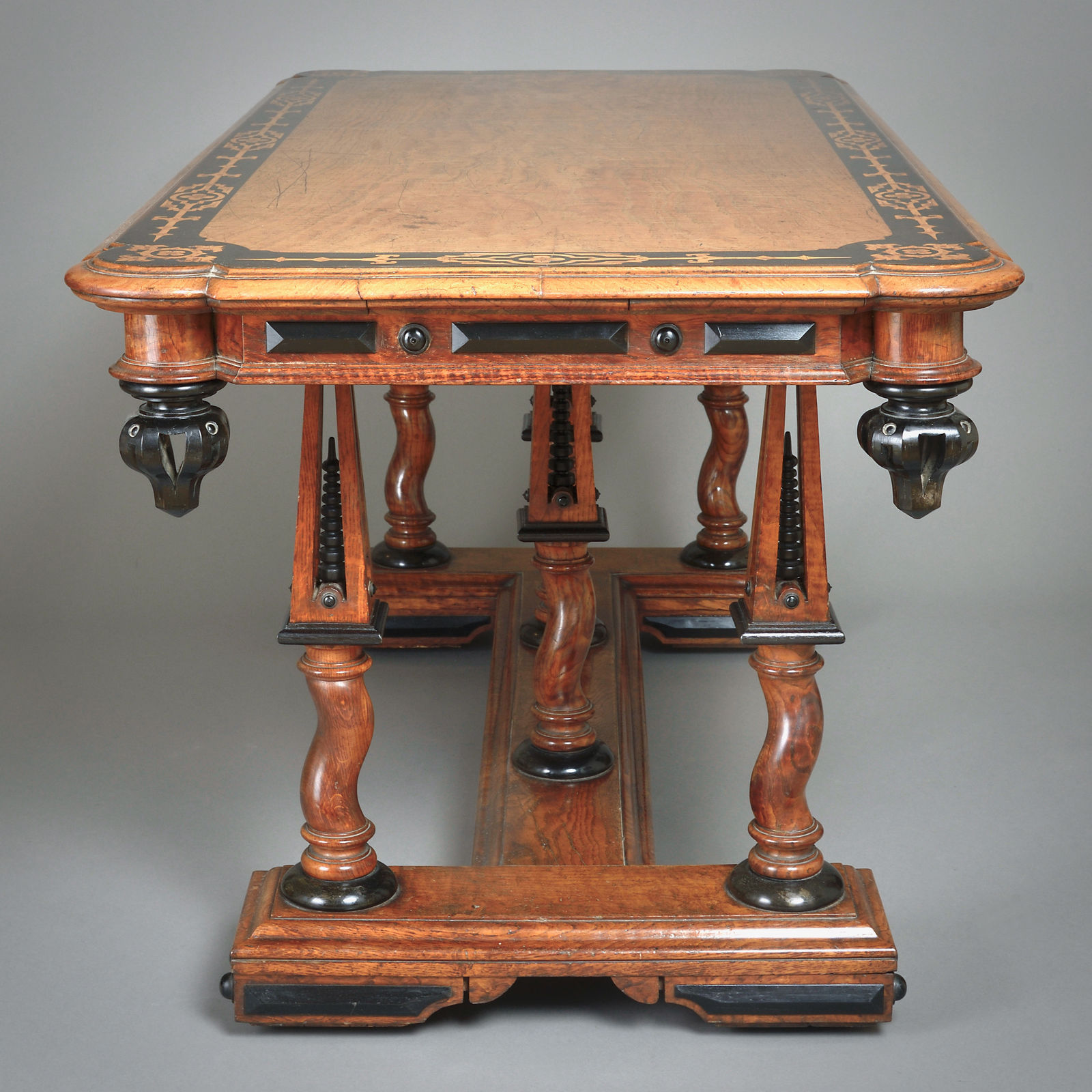 MARQUETRY-INLAID ASH AND EBONISED CENTRE TABLE