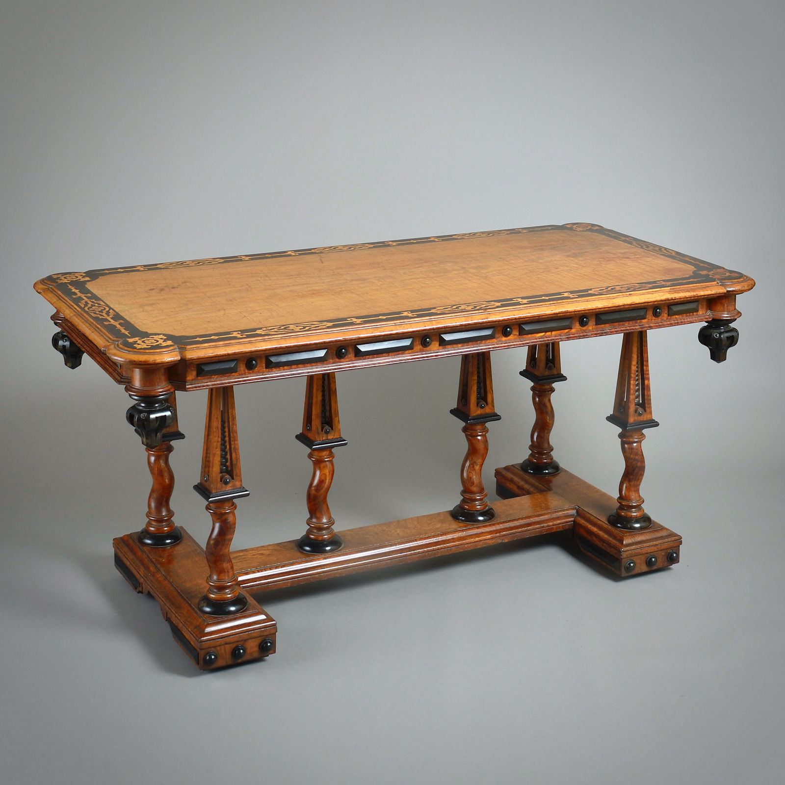 MARQUETRY-INLAID ASH AND EBONISED CENTRE TABLE