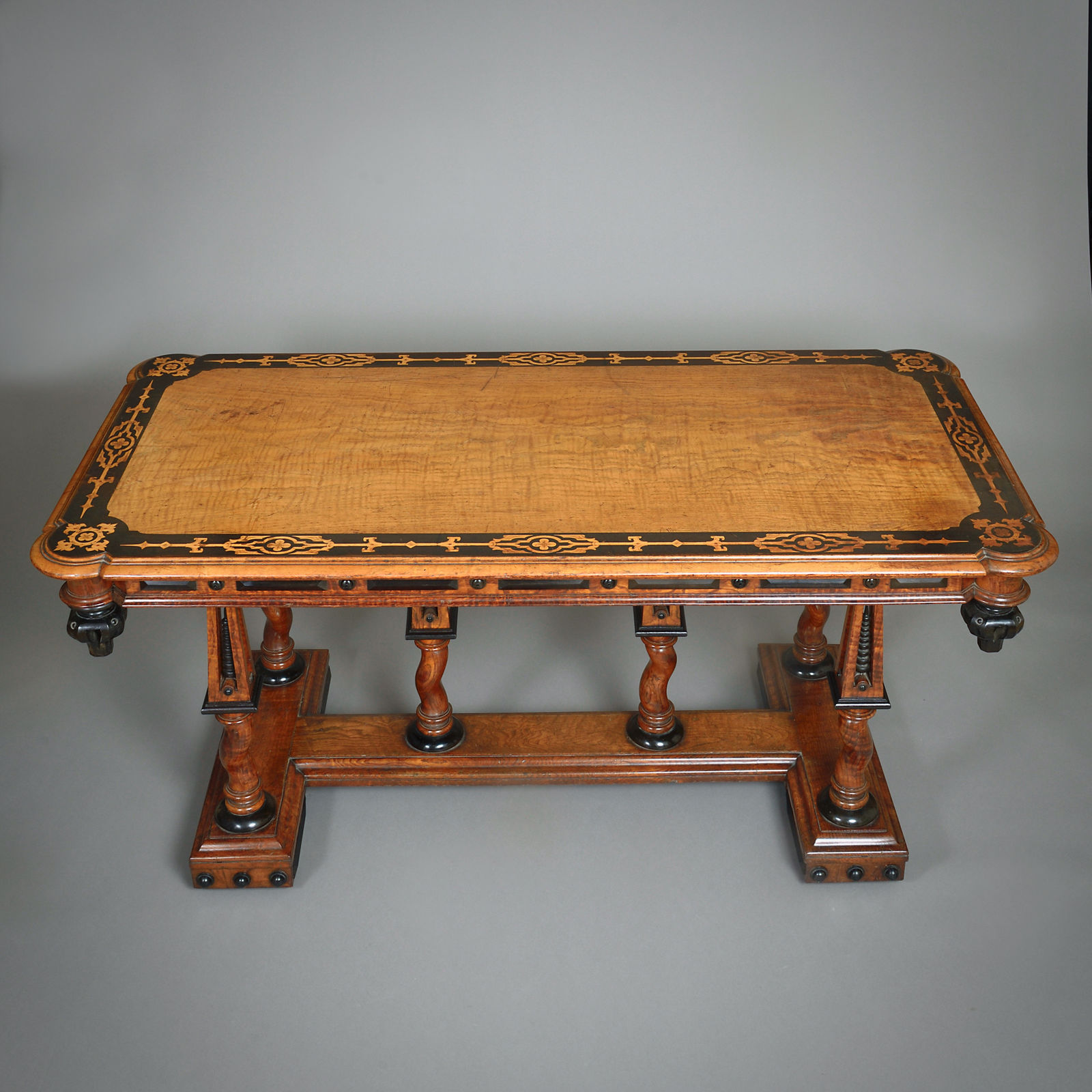 MARQUETRY-INLAID ASH AND EBONISED CENTRE TABLE