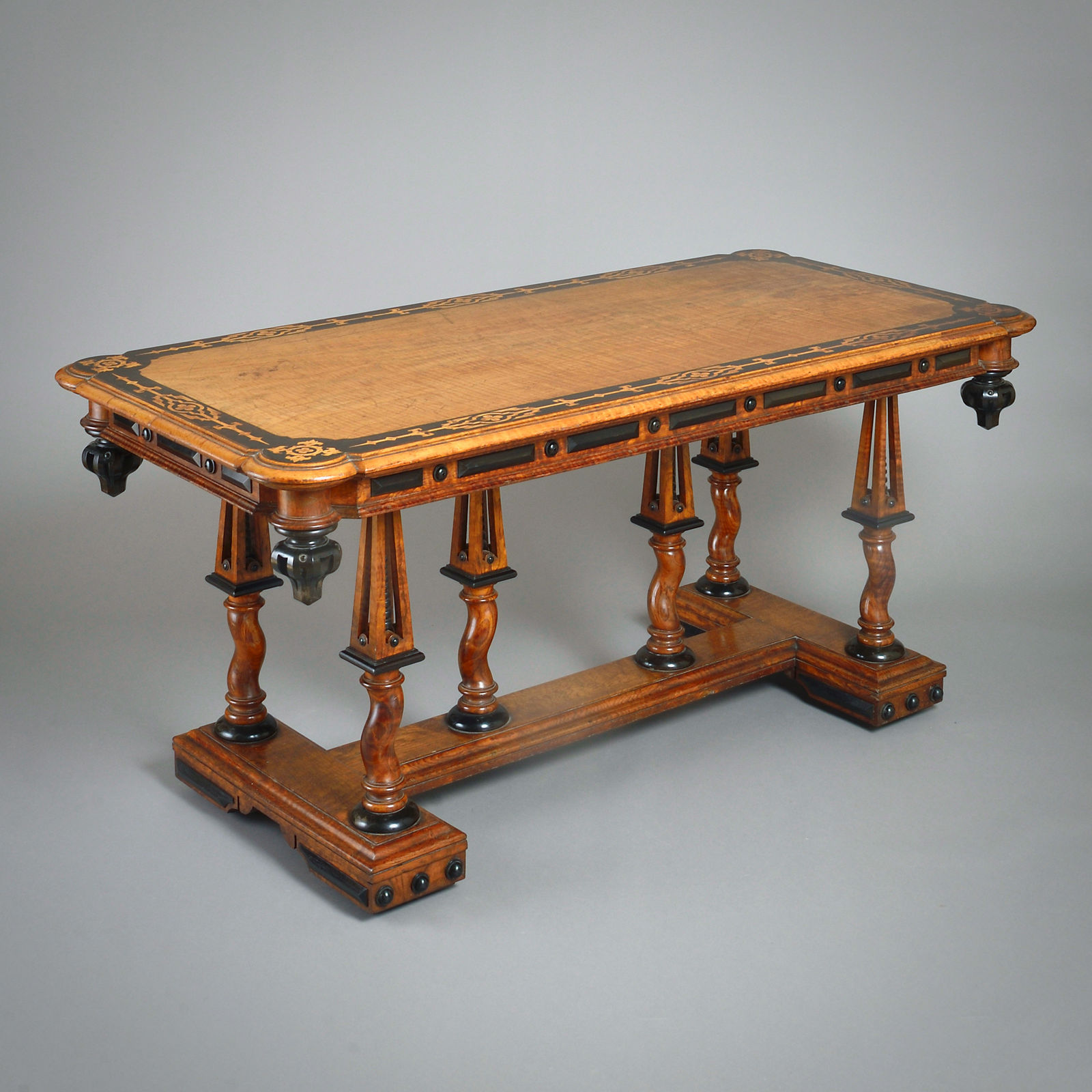 MARQUETRY-INLAID ASH AND EBONISED CENTRE TABLE